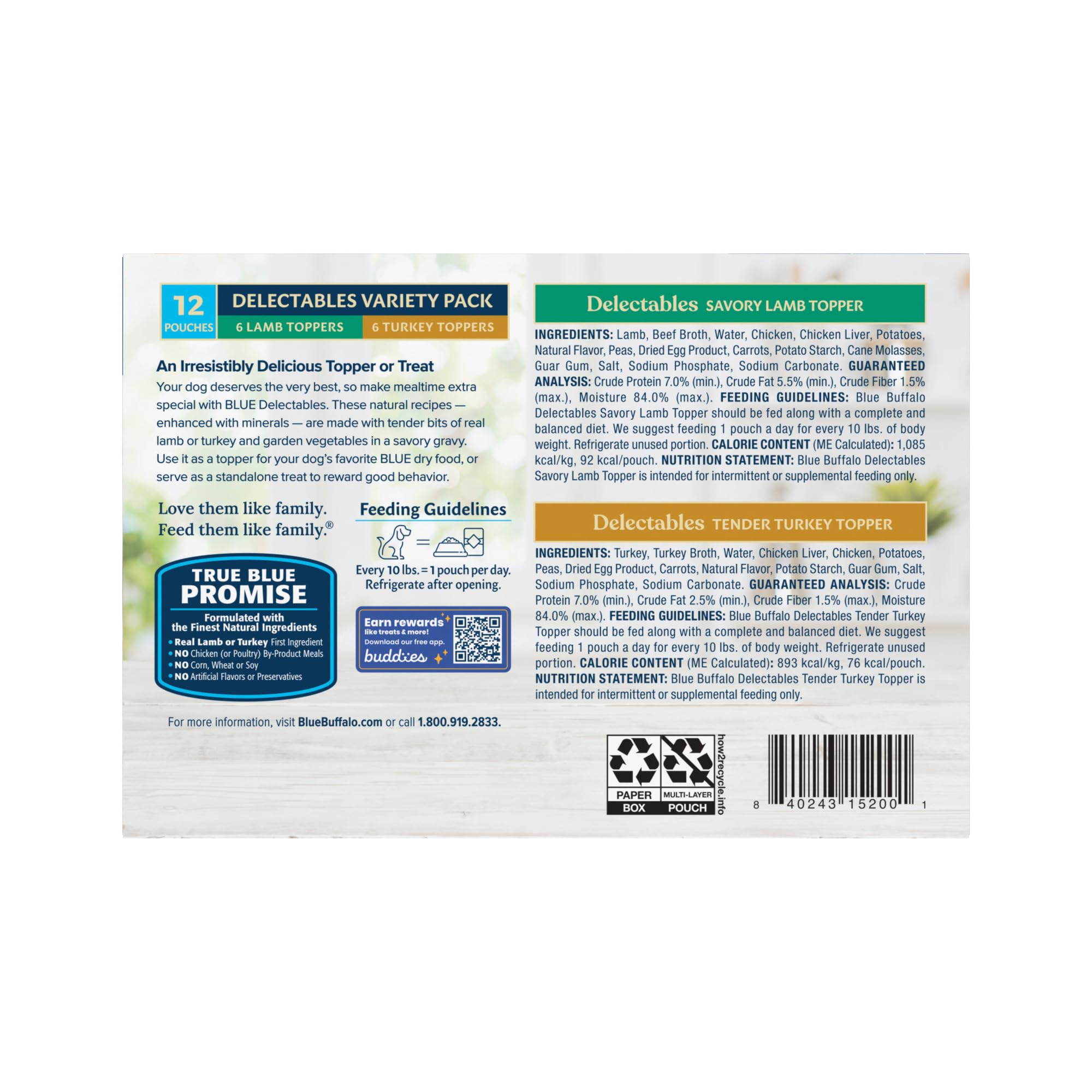 Blue Buffalo Delectables Tender Turkey Topper adds savory flavor to dry kibble.