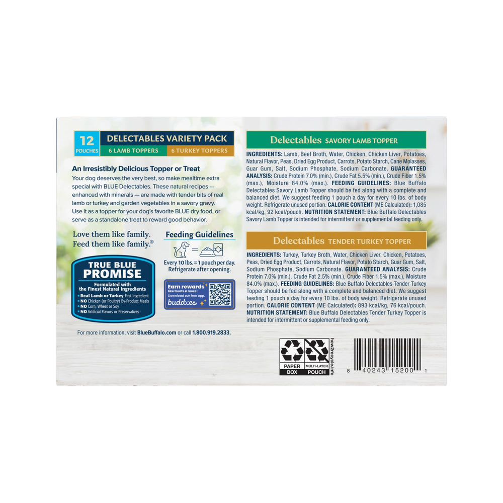 Blue Buffalo Delectables Tender Turkey Topper adds savory flavor to dry kibble.