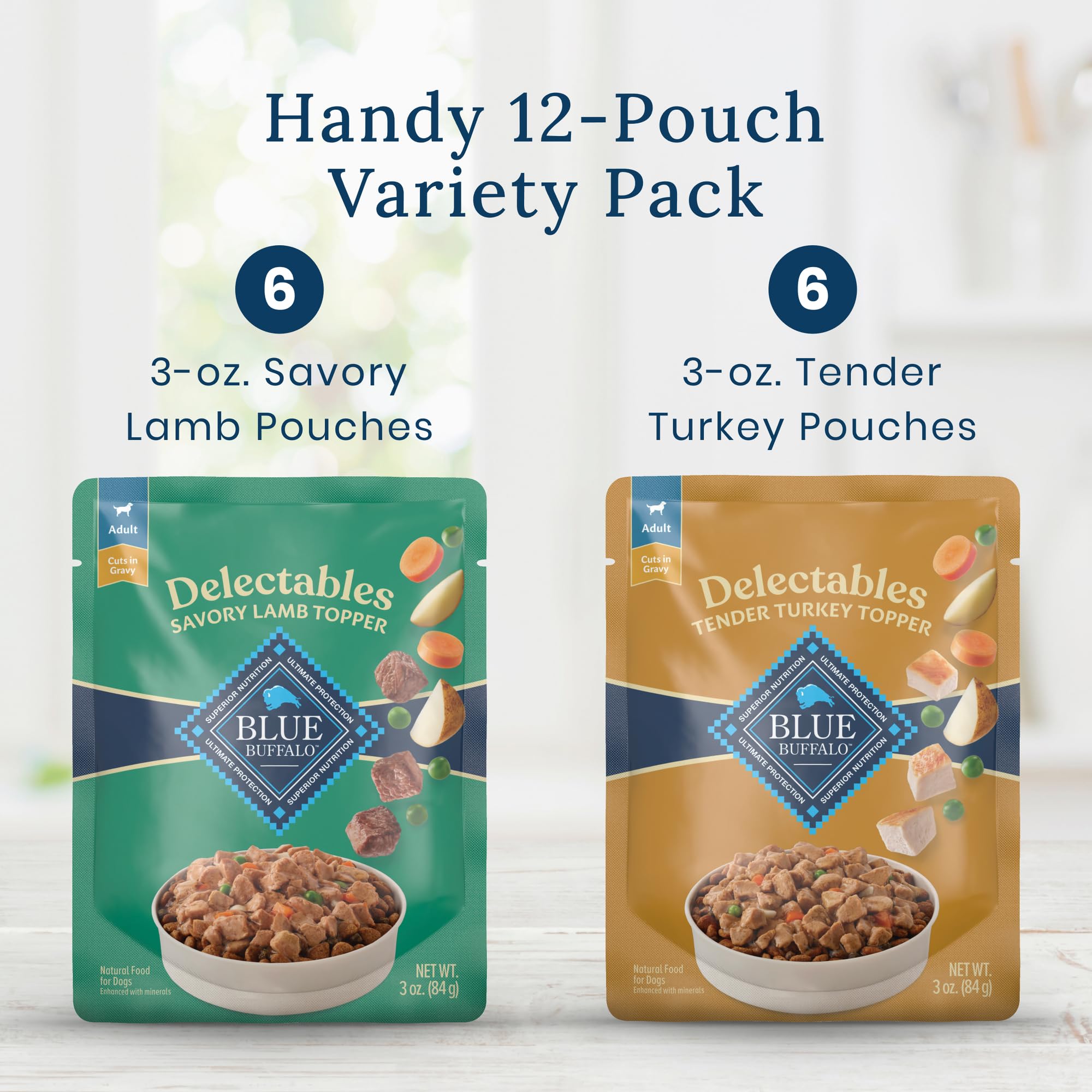 Blue Buffalo Delectables variety pack offers six Lamb and six Turkey dinners.