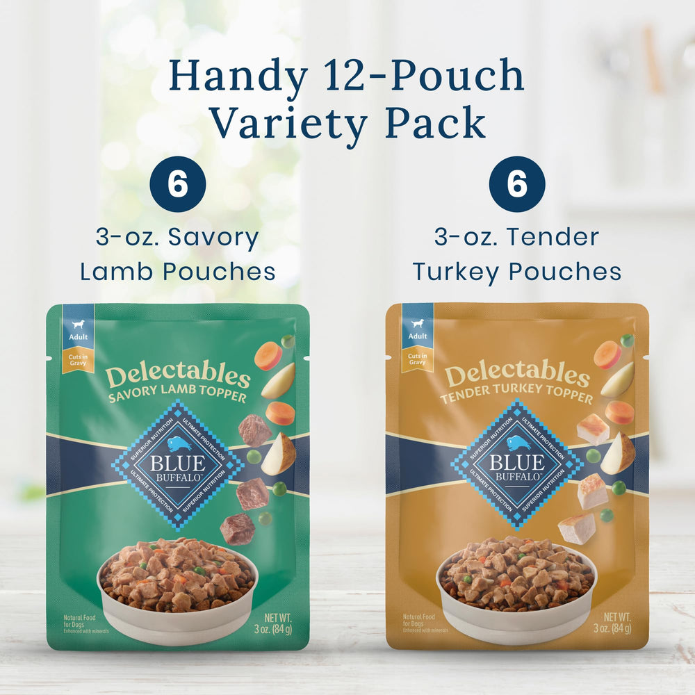 Blue Buffalo Delectables variety pack offers six Lamb and six Turkey dinners.