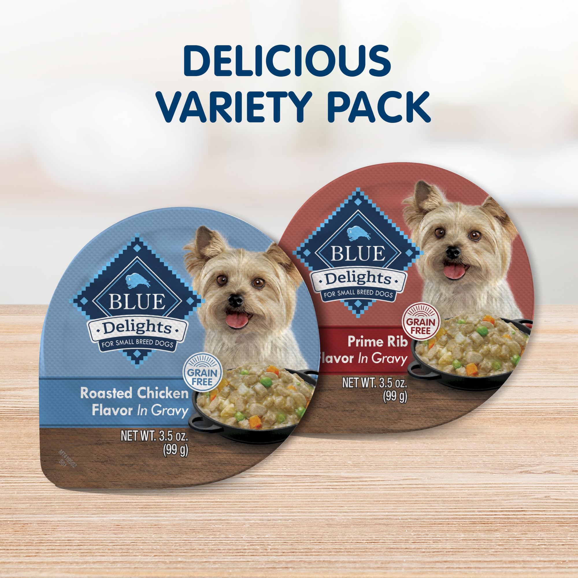 Blue Buffalo Delights prime rib cups in gravy for small breeds, savory protein
