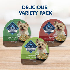 Blue Buffalo Delights NY Strip cups in gravy for small dogs; grain-free recipe