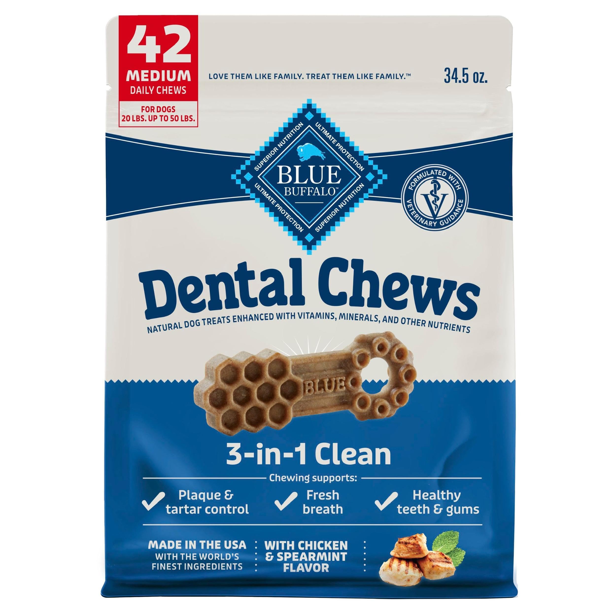 Blue Buffalo Dental Chews medium chicken spearmint bag highlights 42-count box for daily dental care