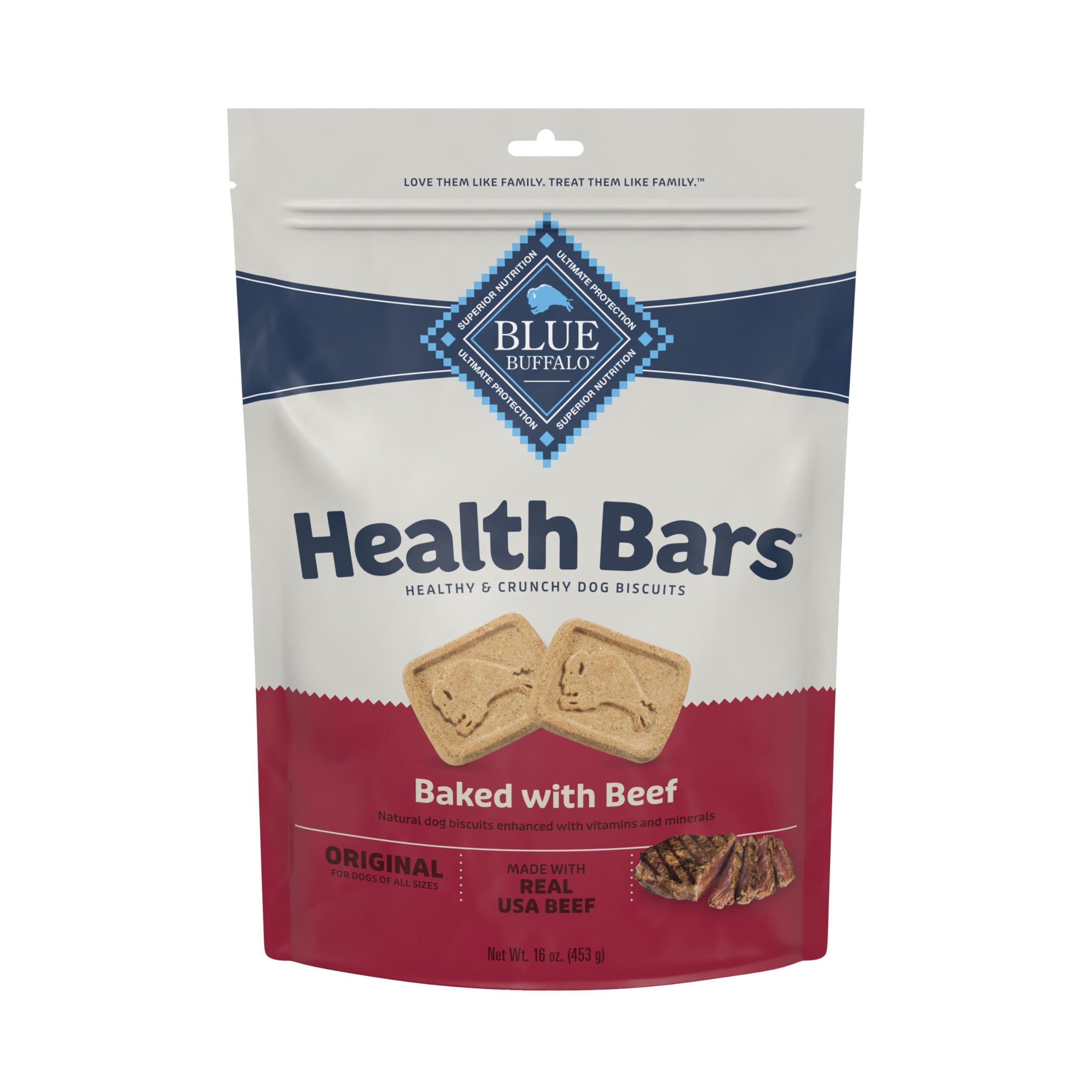 Blue Buffalo Health Bars beef-crunch biscuit, oven-baked for a satisfying crunch.