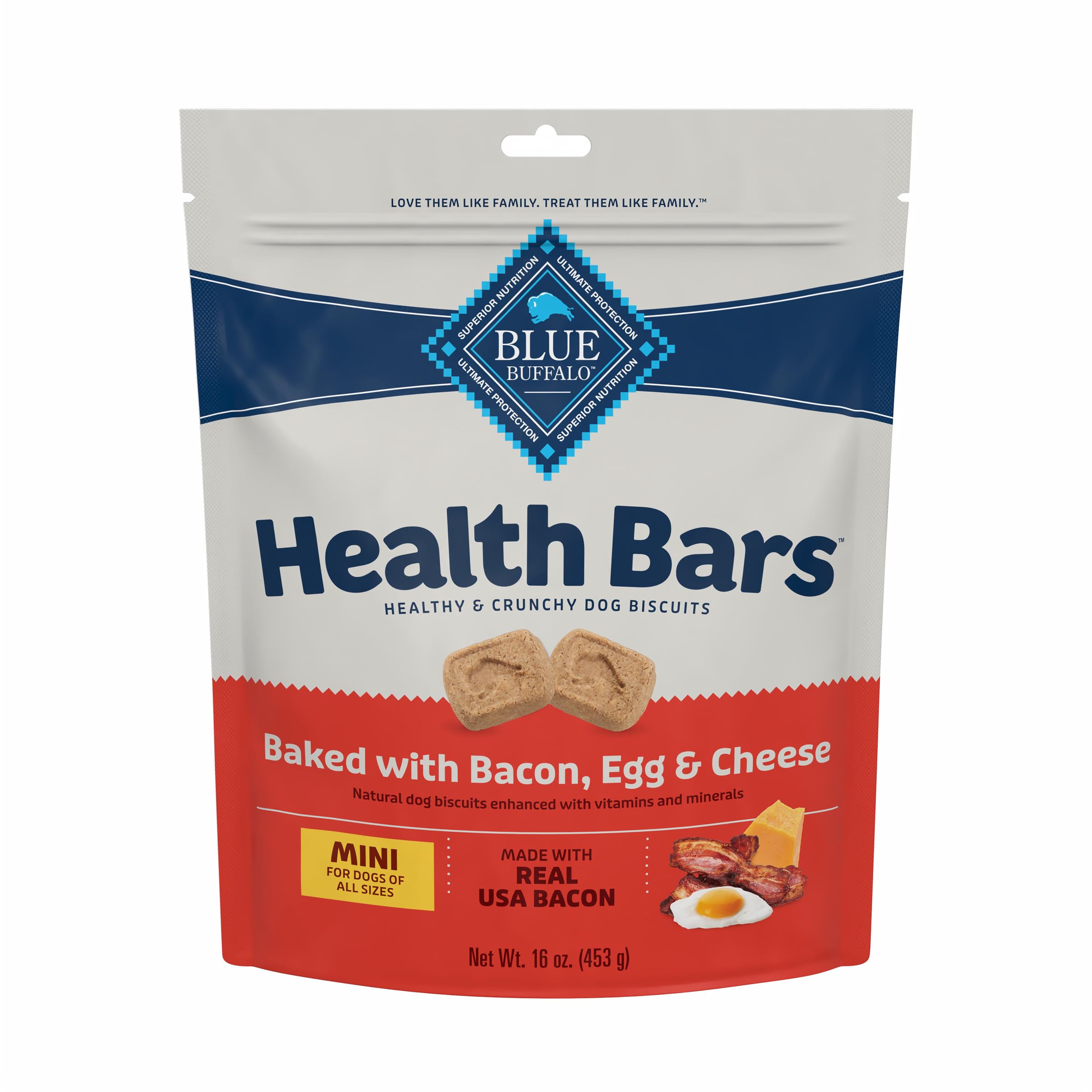 Blue Buffalo Health Bars Mini Bacon Egg Cheese biscuits; ideal bite-sized training rewards