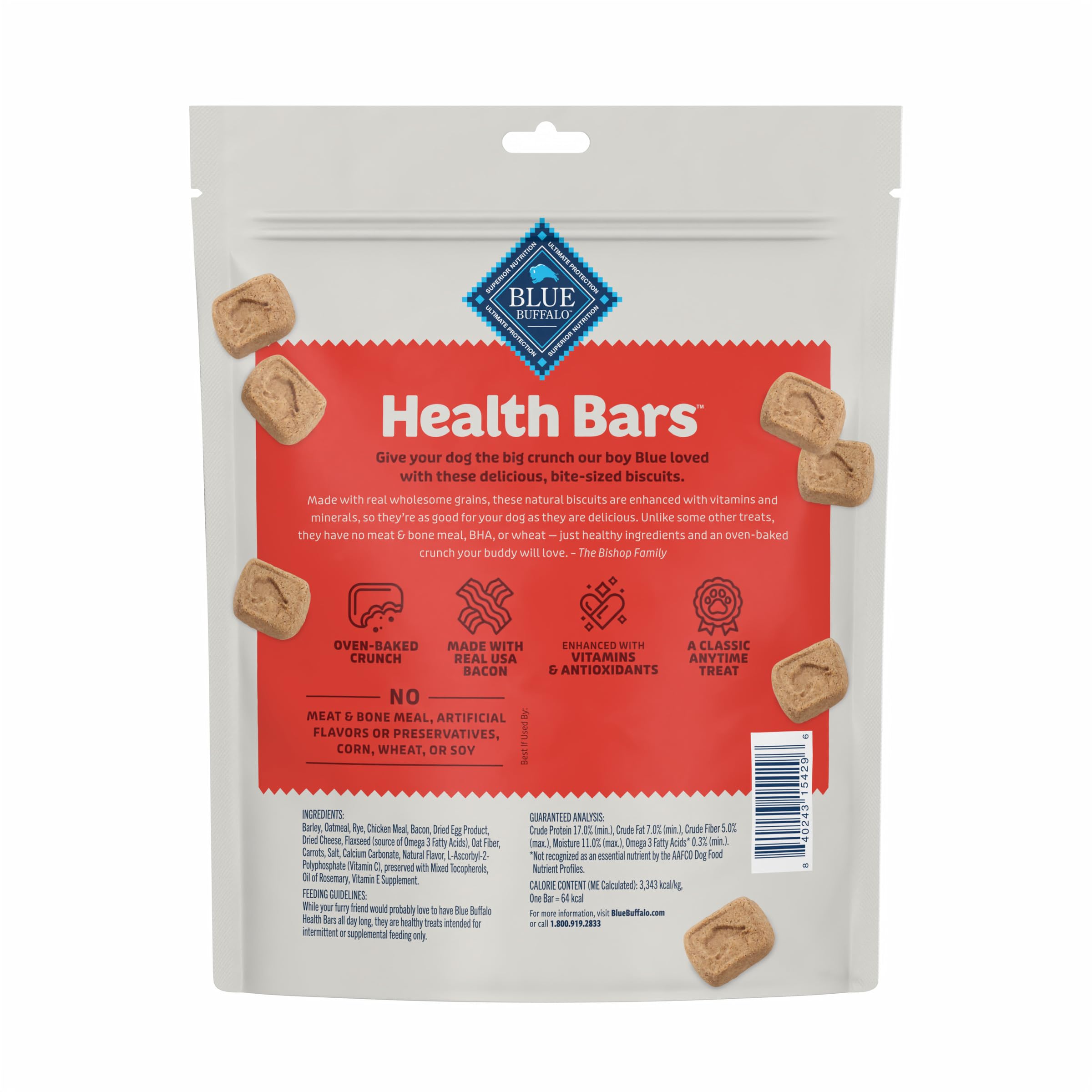 Blue Buffalo Health Bars Mini Crunchy treats; satisfying crunch for all breeds