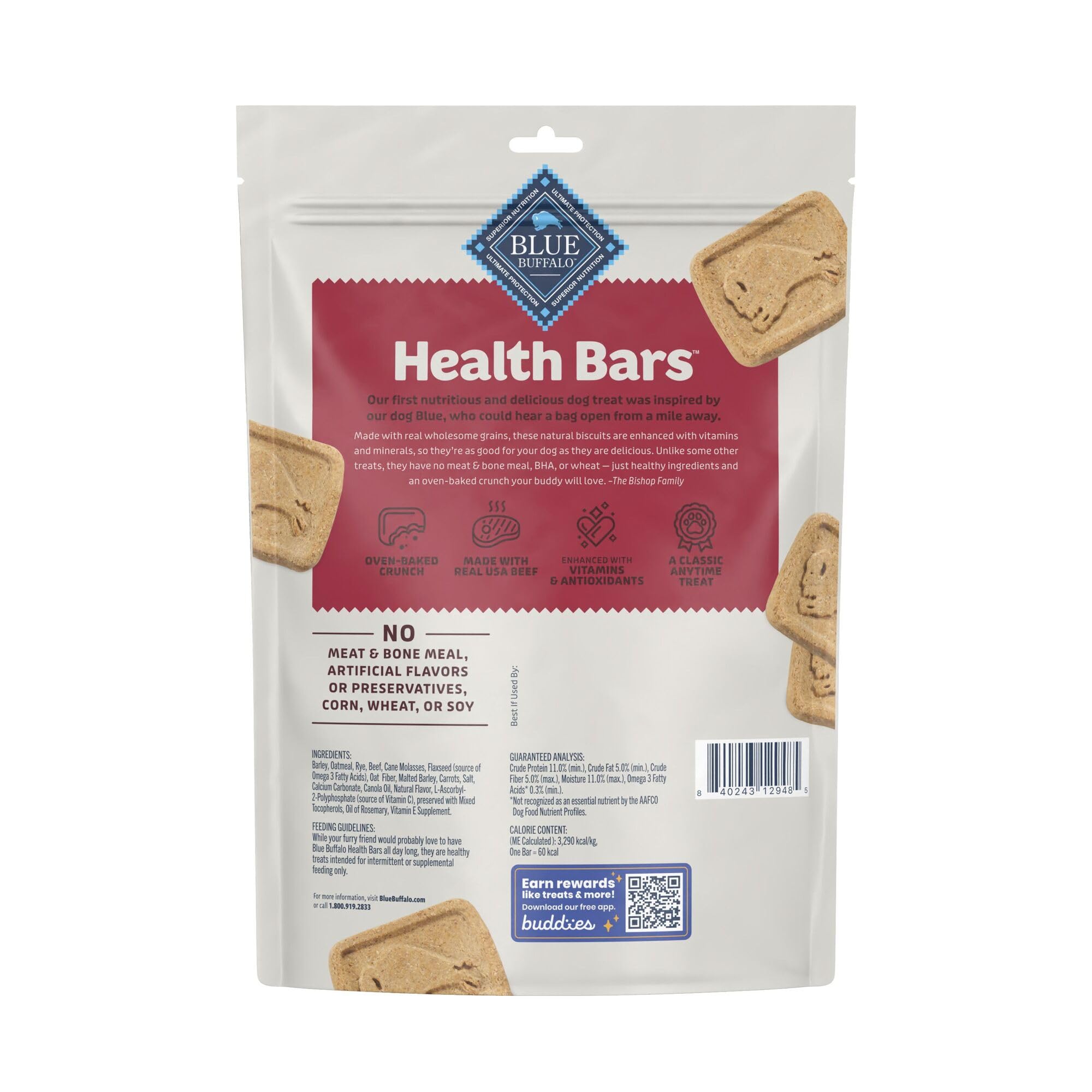 Blue Buffalo Health Bars savory-beef aroma enhances snack appeal for dogs.