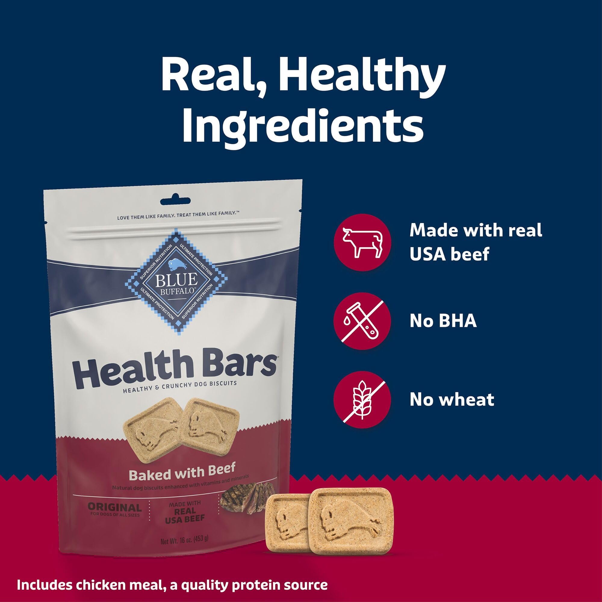 Blue Buffalo Health Bars fortified with vitamins and minerals for balanced snacking.