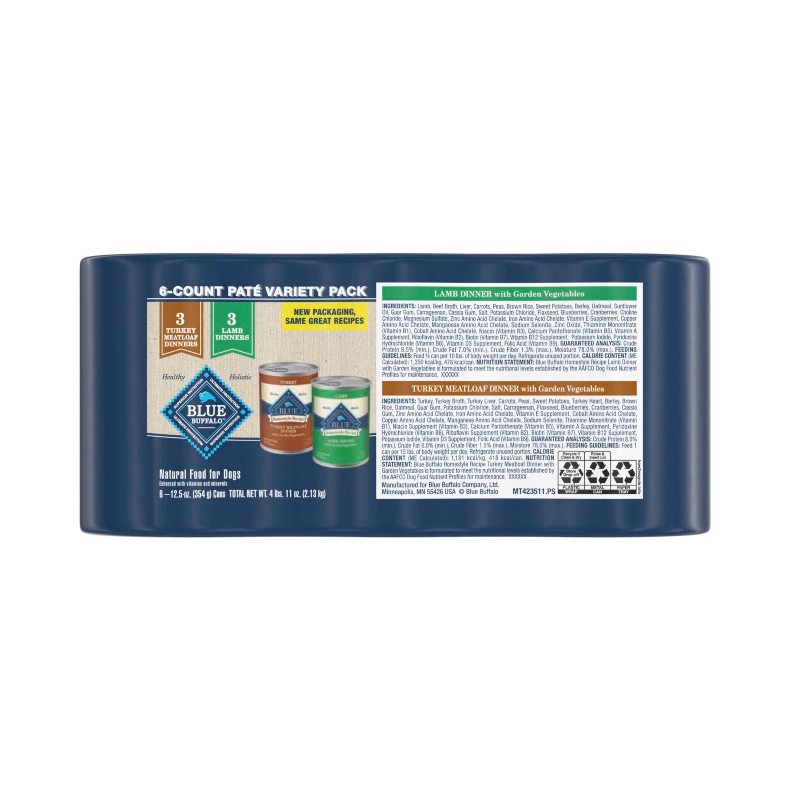 Blue Buffalo Homestyle Lamb Dinner cans pack highlights variety for adult dogs