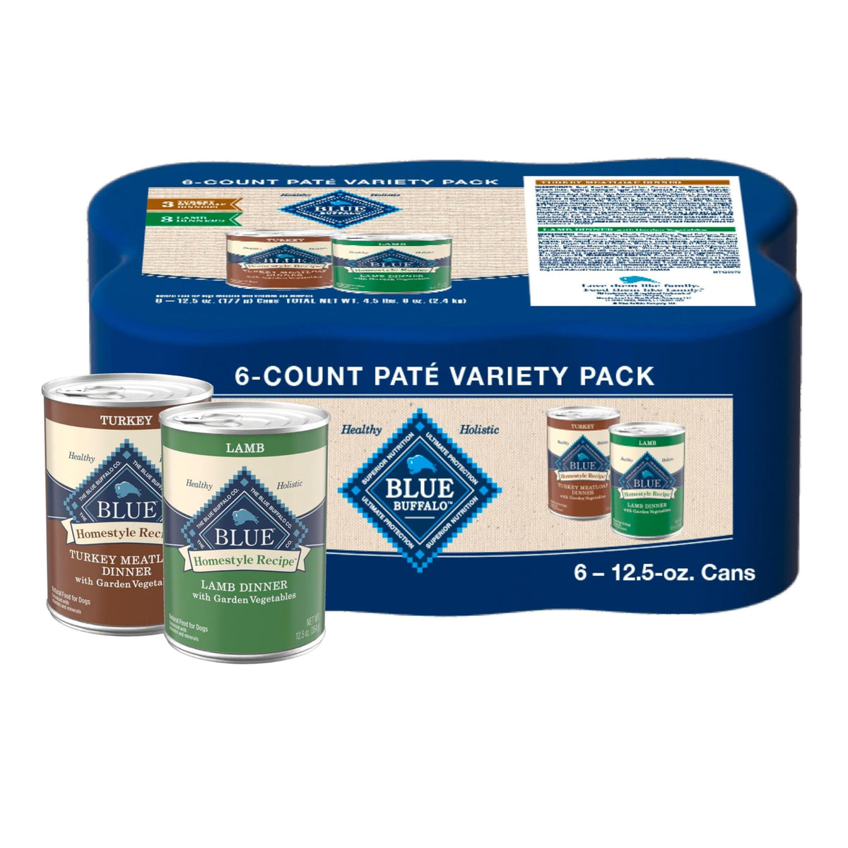 Blue Buffalo Homestyle Turkey Dinner cans pack shows real meat first for balanced meals