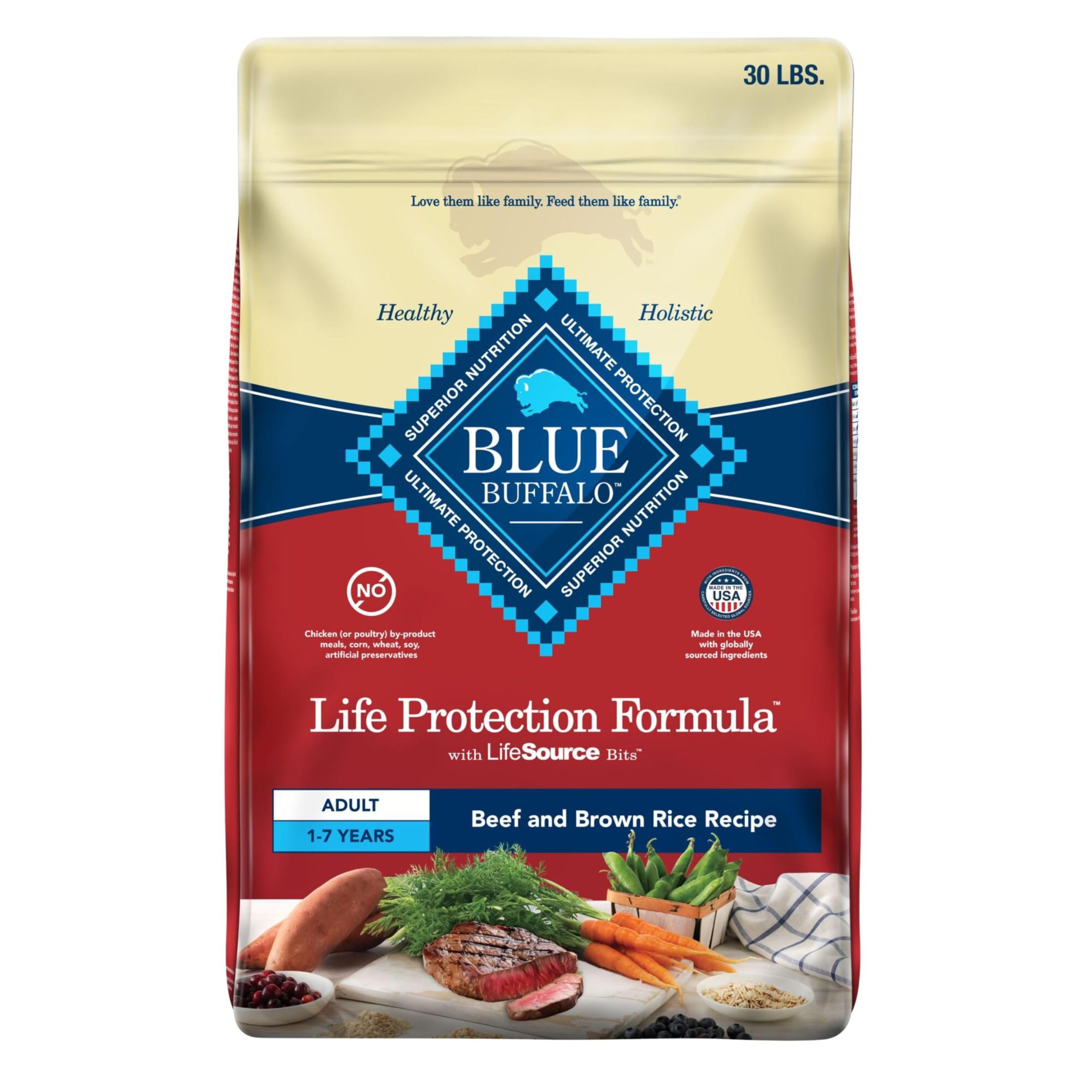 Blue Buffalo Life Protection 30lb bag shows beef and brown rice formula for adult dogs.