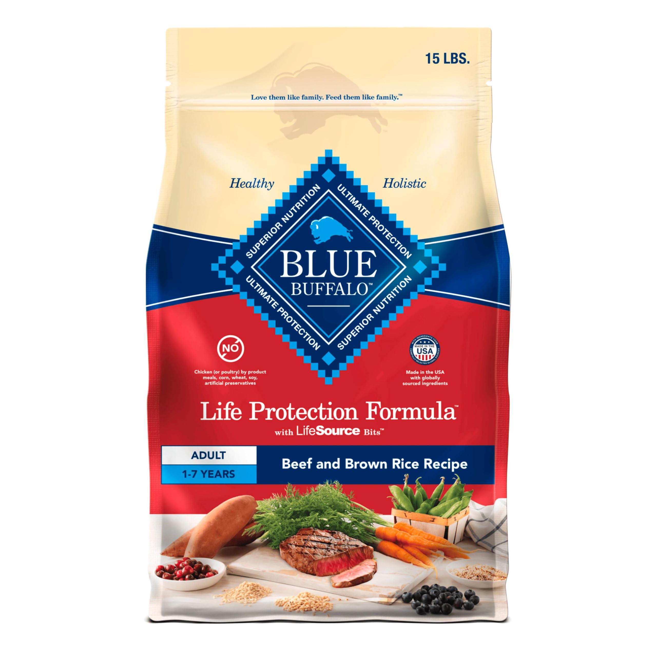 Blue Buffalo Life Protection beef-brown-rice kibble in a bag for adult dogs.