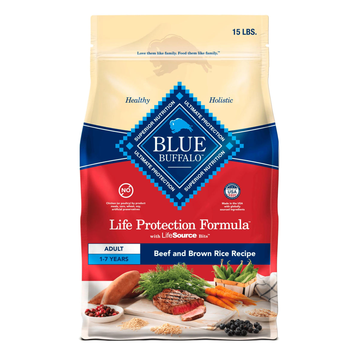 Blue Buffalo Life Protection beef-brown-rice kibble in a bag for adult dogs.