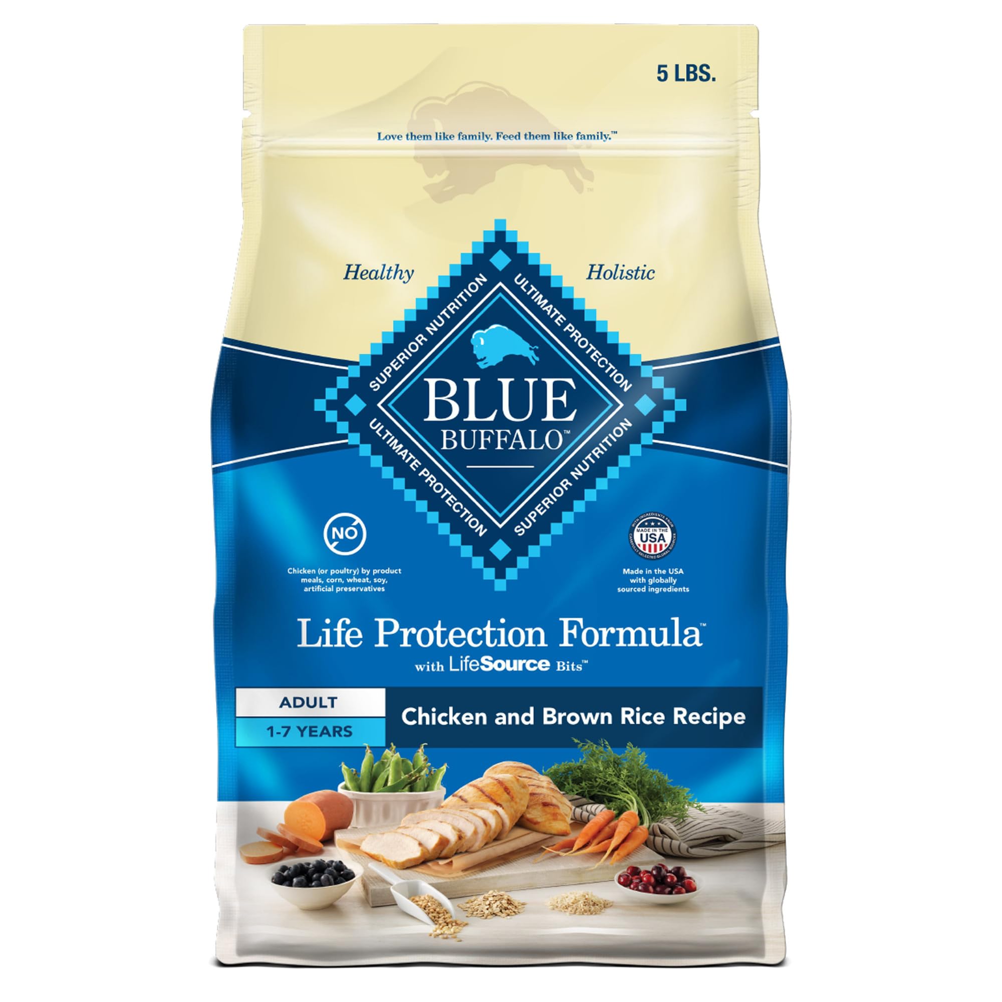Blue Buffalo Life Protection Formula chicken-brown-rice bag highlights balanced nutrition for daily meals.