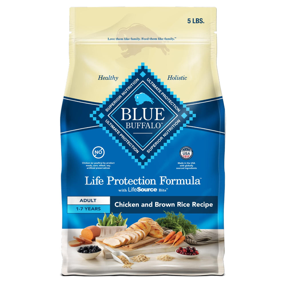 Blue Buffalo Life Protection Formula chicken-brown-rice bag highlights balanced nutrition for daily meals.