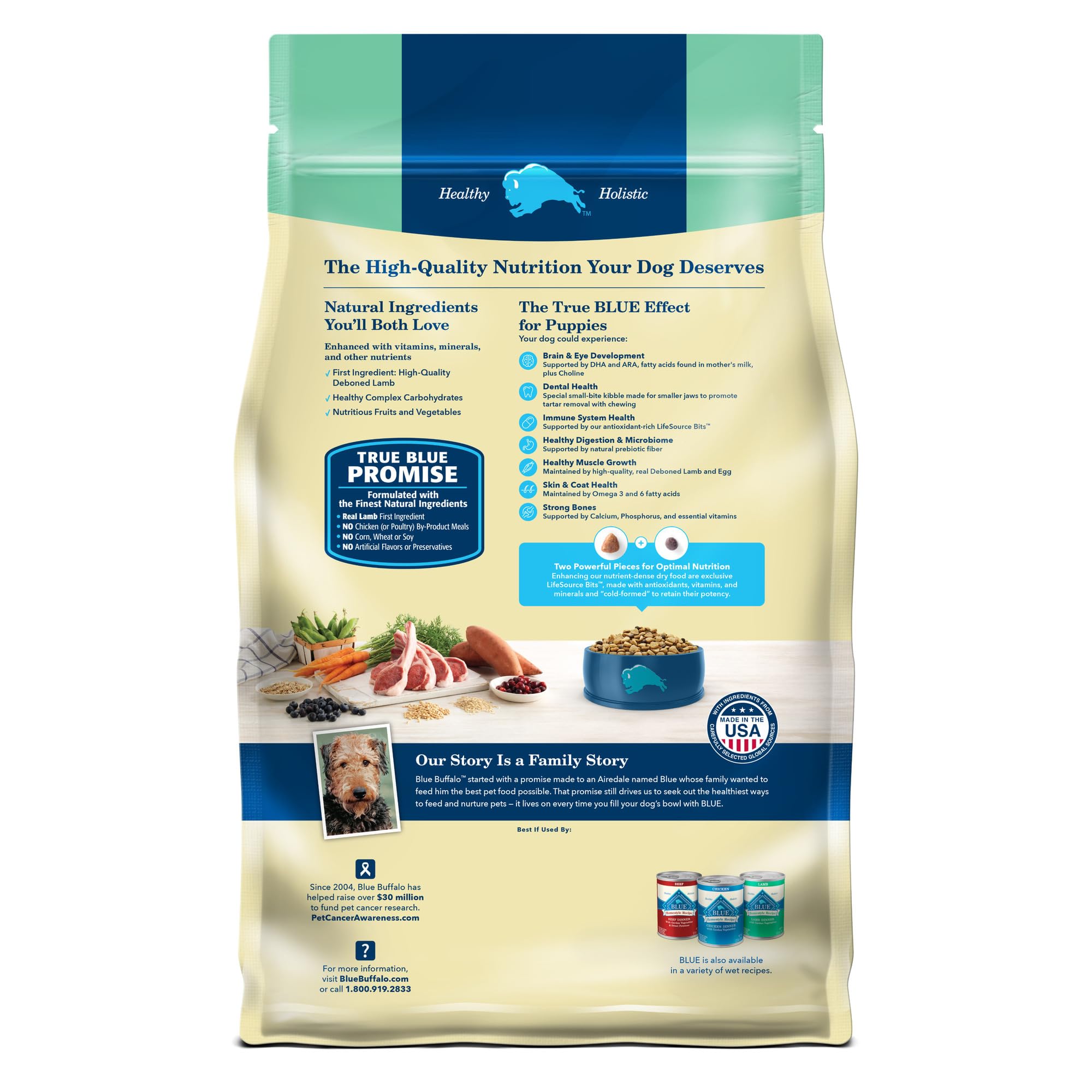 Blue Buffalo Life Protection puppy bag front highlights natural ingredients and DHA/ARA benefits.