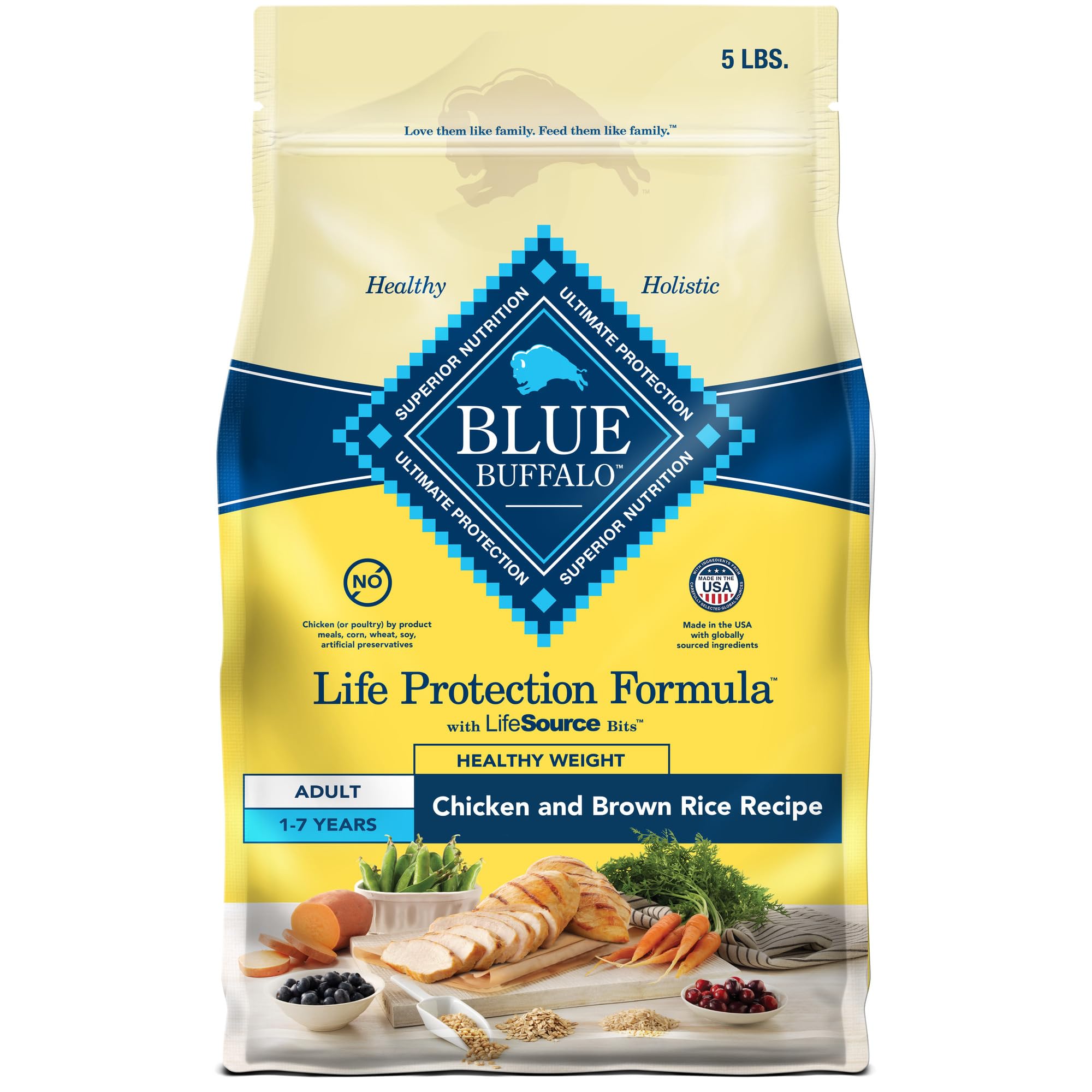 Blue Buffalo Life Protection Healthy Weight 5lb bag showing balanced nutrition for weight management.