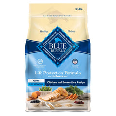 Blue Buffalo Life Protection Puppy dry food bag showing real chicken first for balanced nutrition.