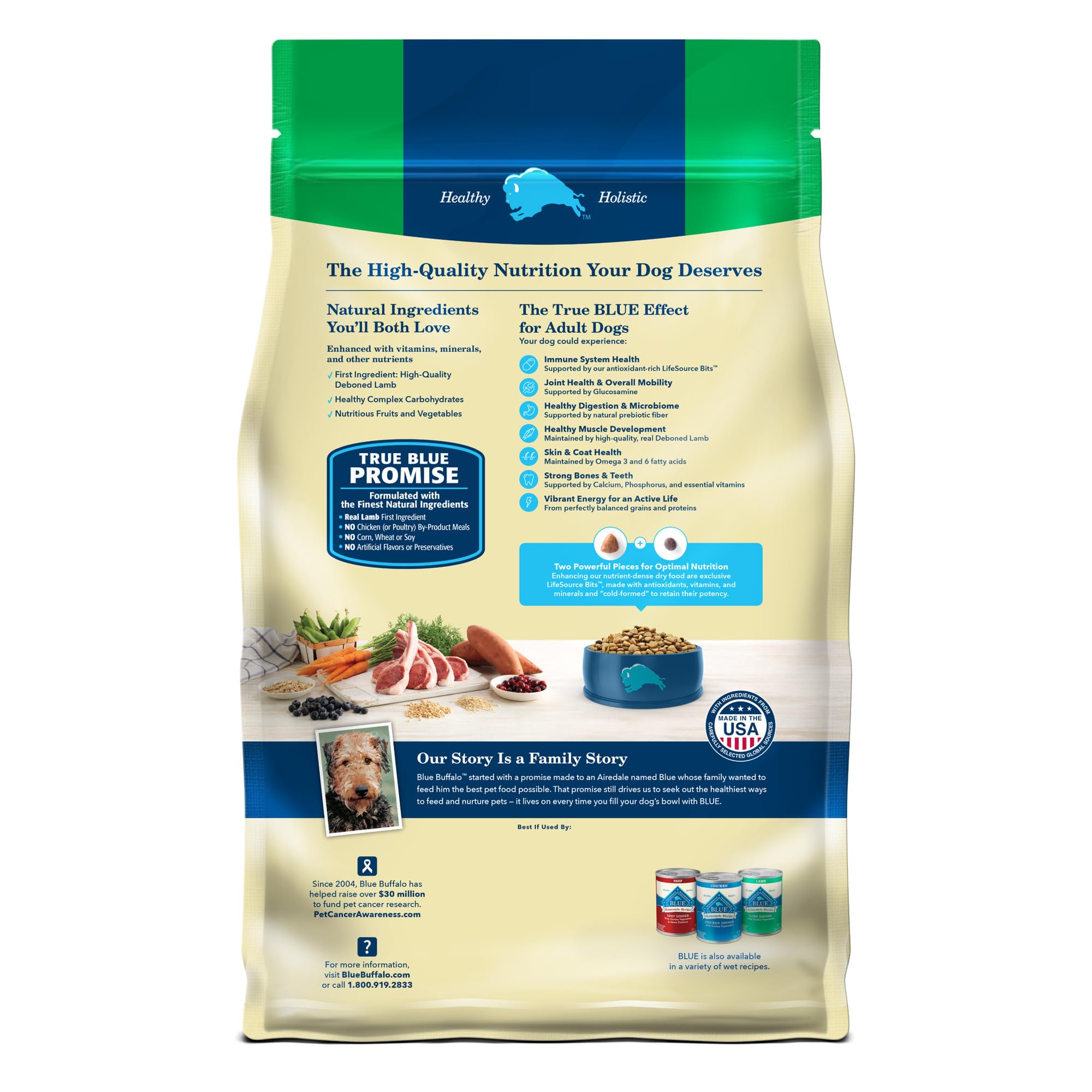 Blue Buffalo Life Protection real lamb first ingredient shown on the bag.