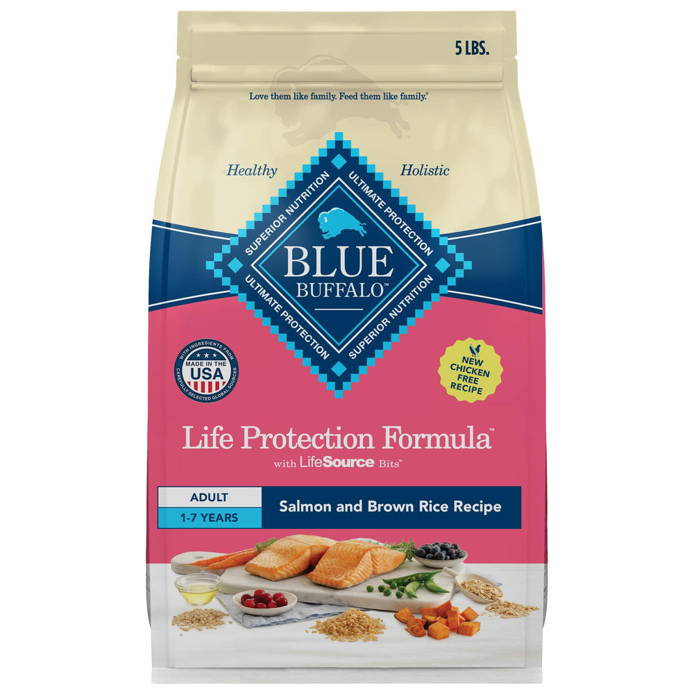 Blue Buffalo Life Protection salmon-first formula bag highlights real salmon as the top protein.