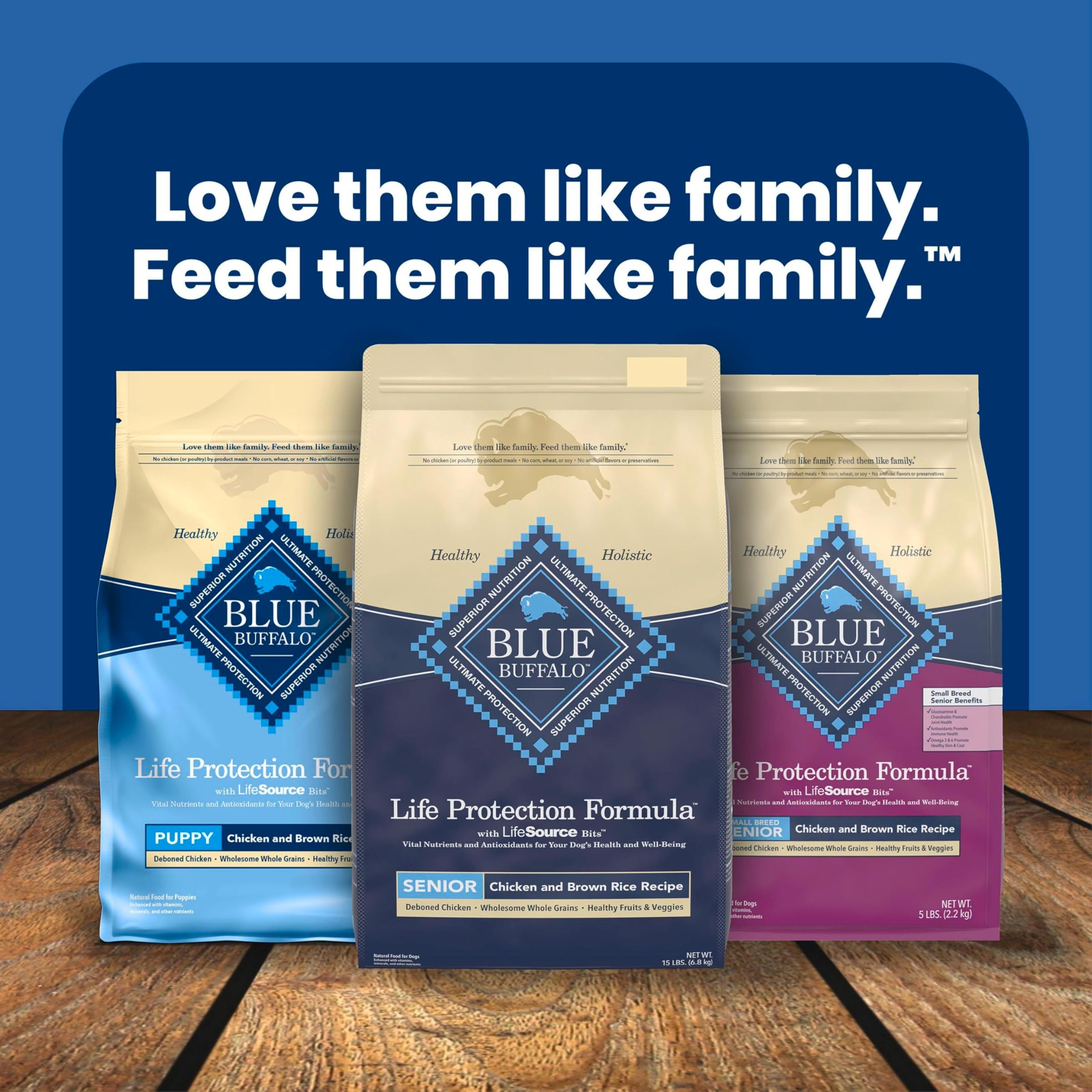 Blue Buffalo Life Protection Senior real chicken first illustration communicates protein-forward recipe.