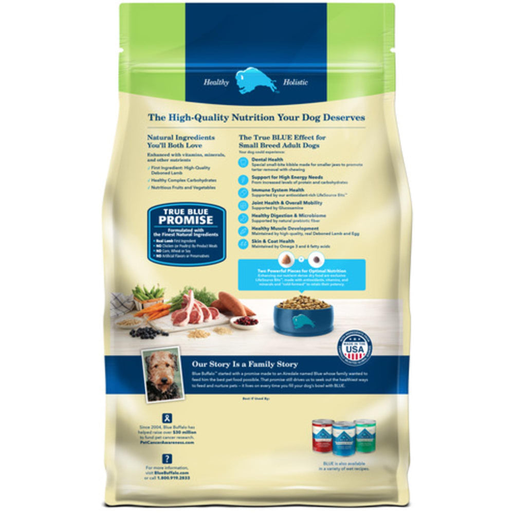 Blue Buffalo Life Protection Small Breed bowl serving highlights high energy formula
