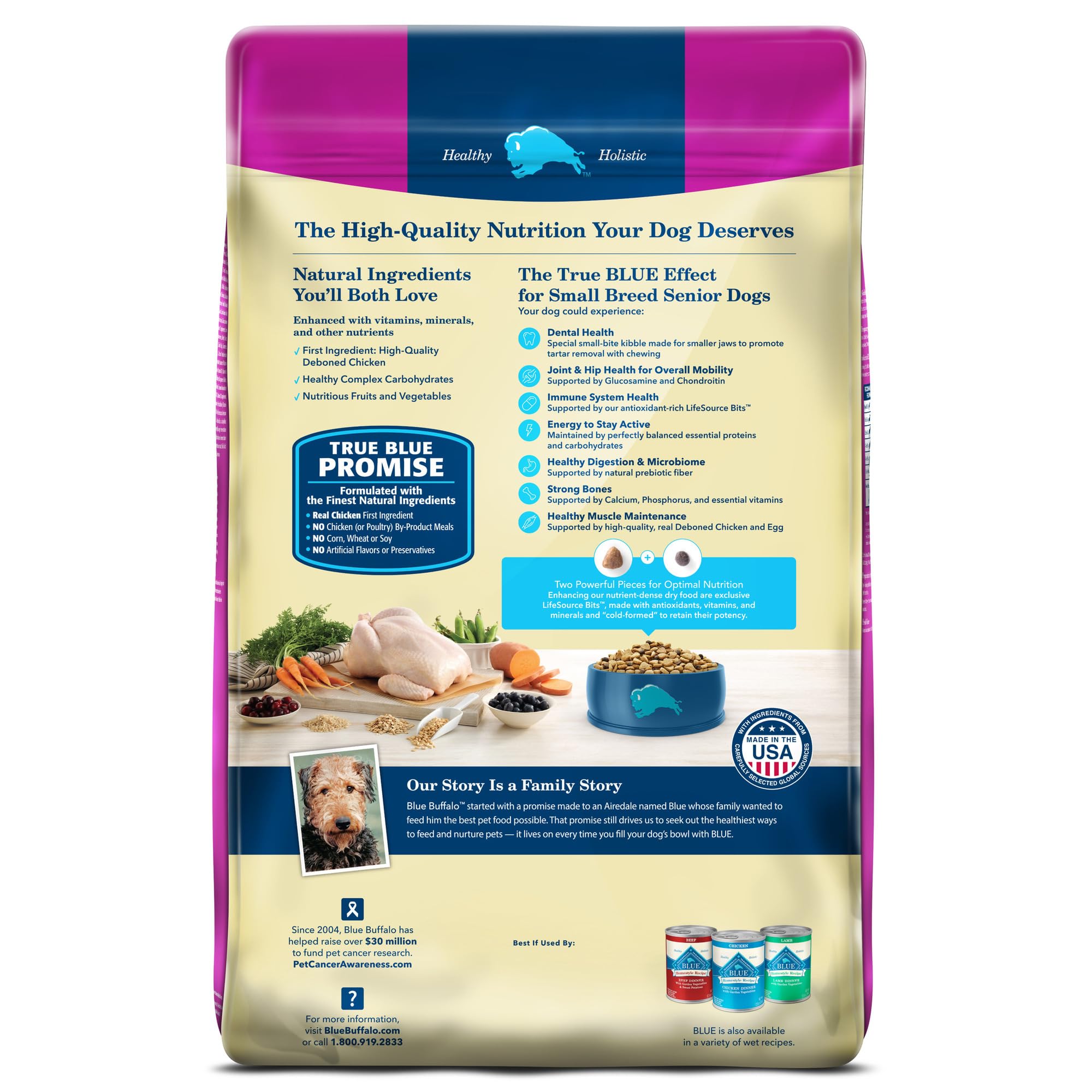 Blue Buffalo Life Protection Small Breed Senior bag close-up of real chicken ingredient