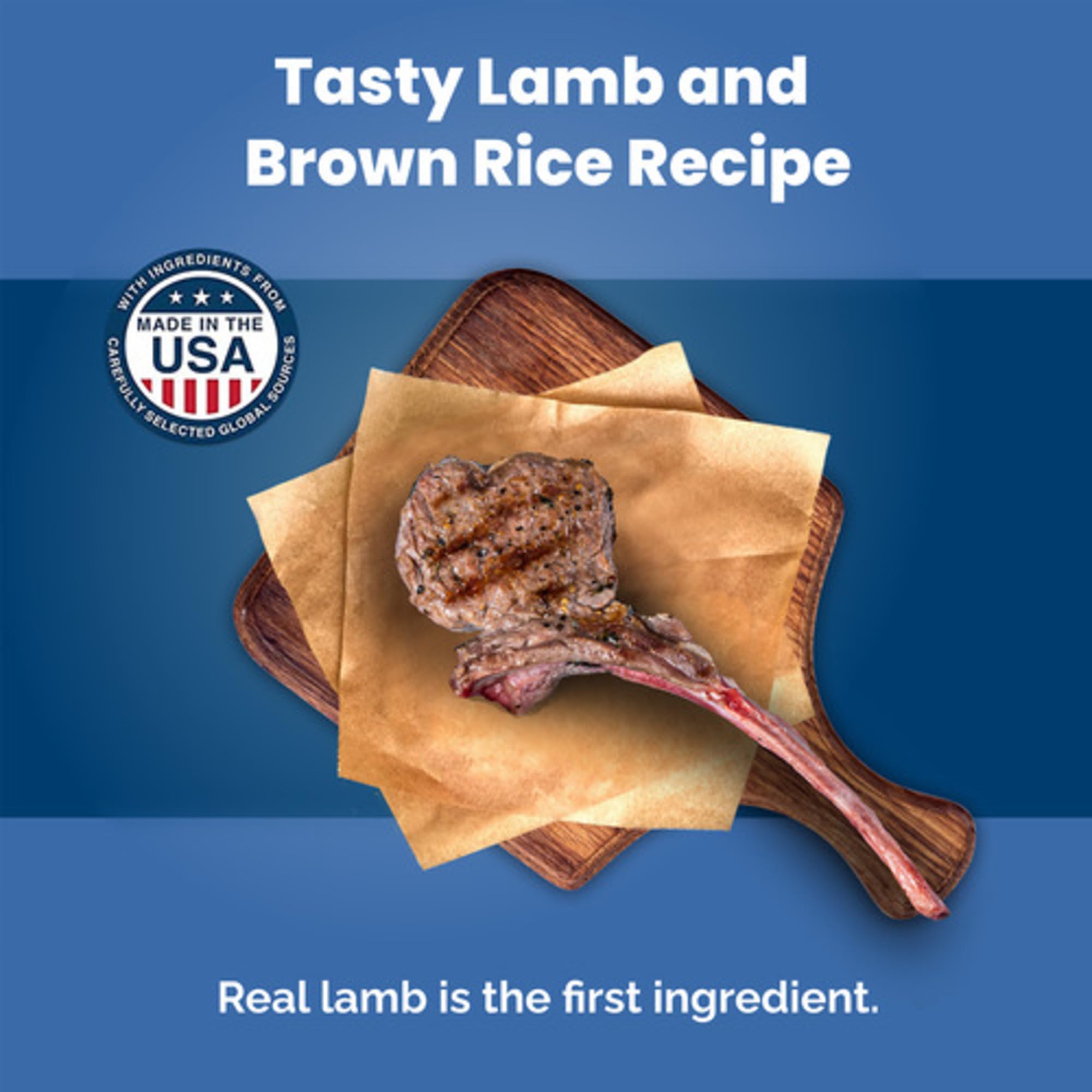 Blue Buffalo Lamb and Rice ingredient close-up emphasizes real lamb and wholesome veggies