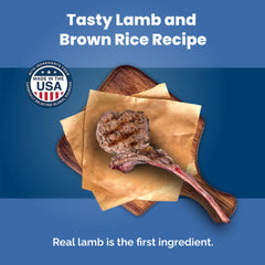 Blue Buffalo Lamb and Rice ingredient close-up emphasizes real lamb and wholesome veggies