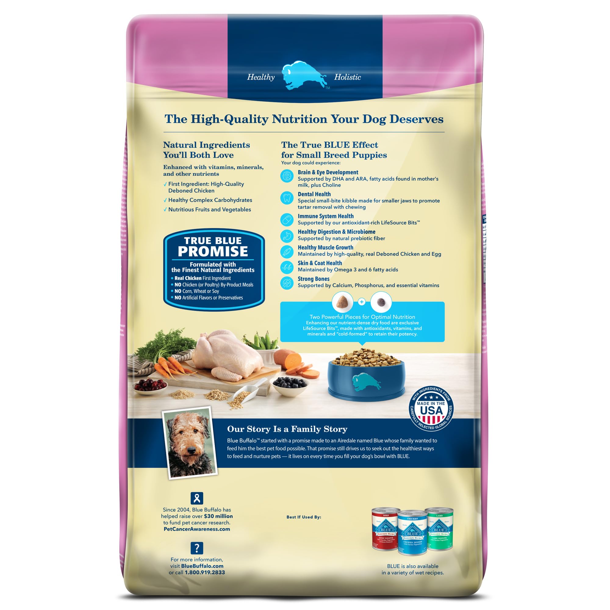 Blue Buffalo serving dish with small breed puppy meal and balanced nutrition.