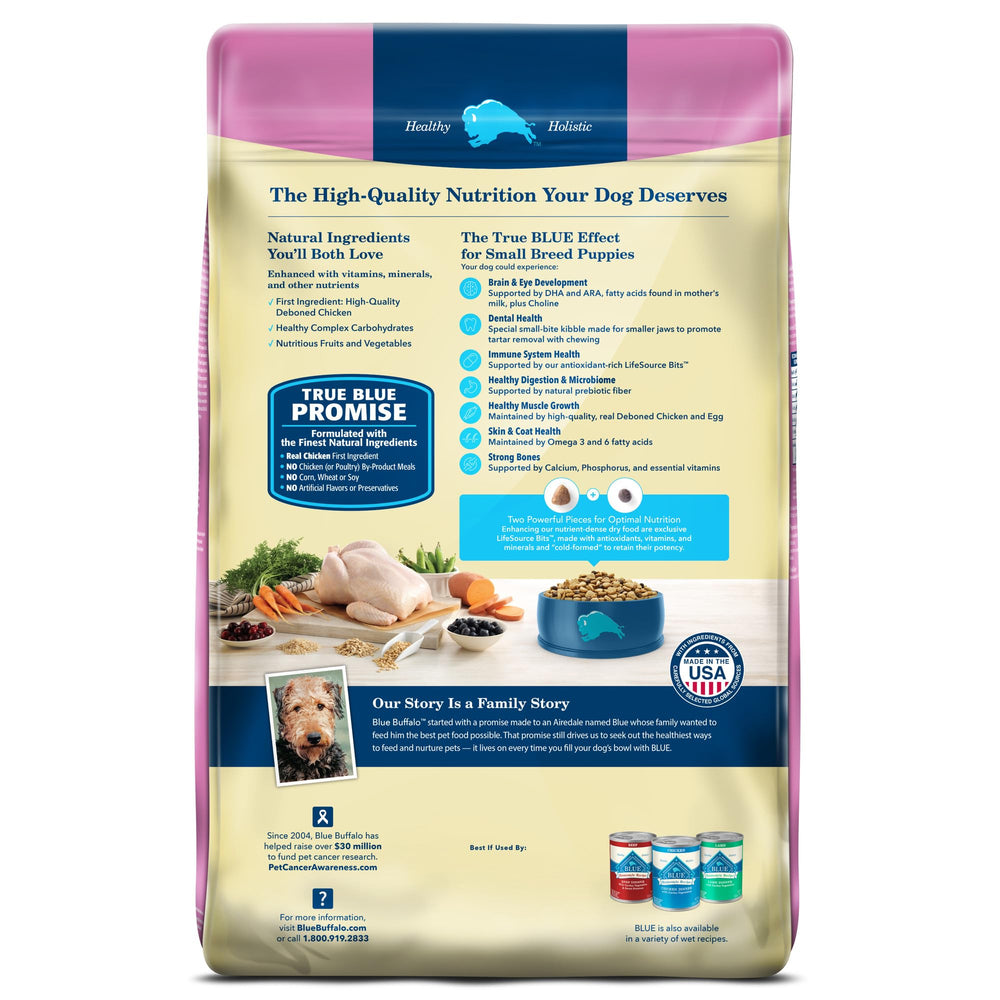 Blue Buffalo serving dish with small breed puppy meal and balanced nutrition.
