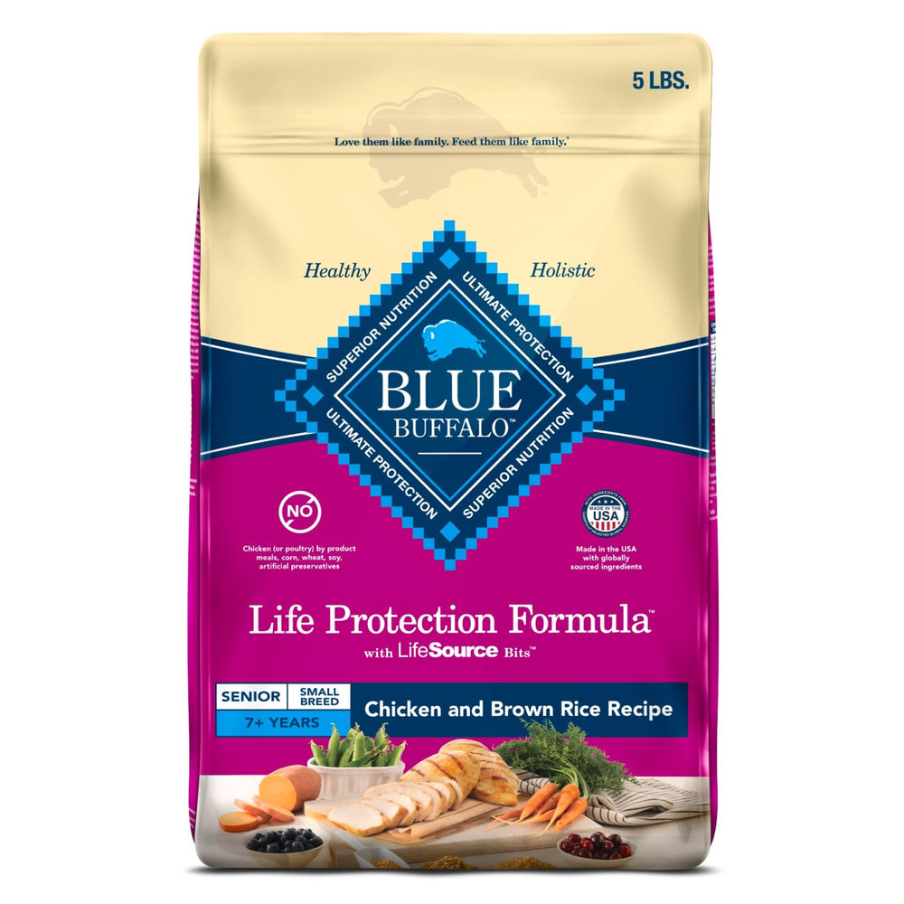 Blue Buffalo Life Protection Small Breed Senior bag front showing wholesome ingredients