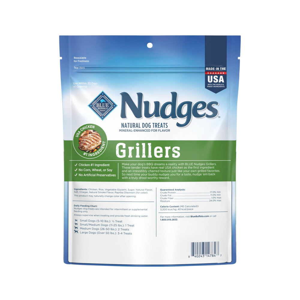 Blue Buffalo Nudges Grillers ingredients list shows real chicken first, appealing for picky dogs.