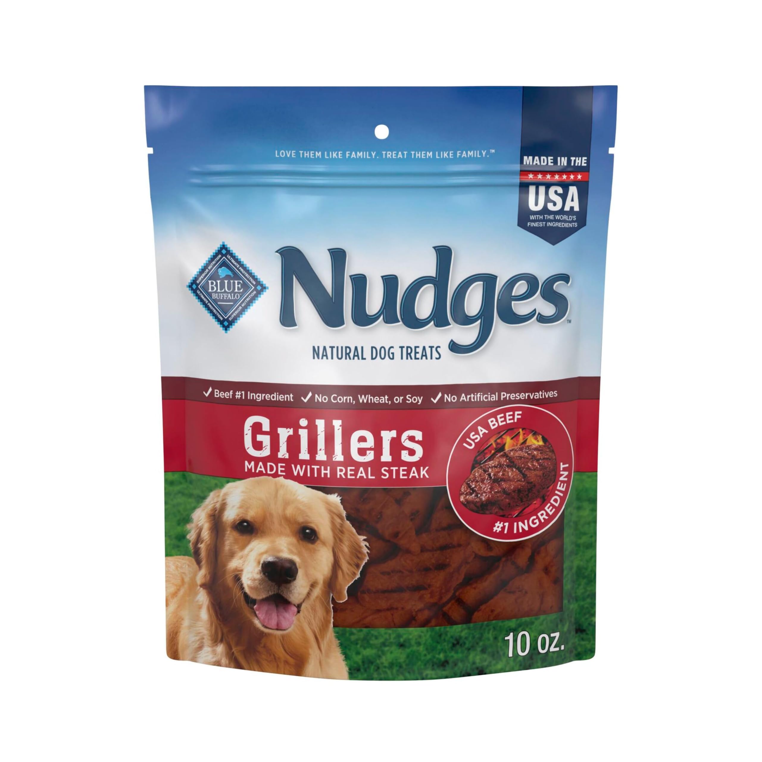 Blue Buffalo Nudges Grillers steak bag showing real steak first for tasty rewards