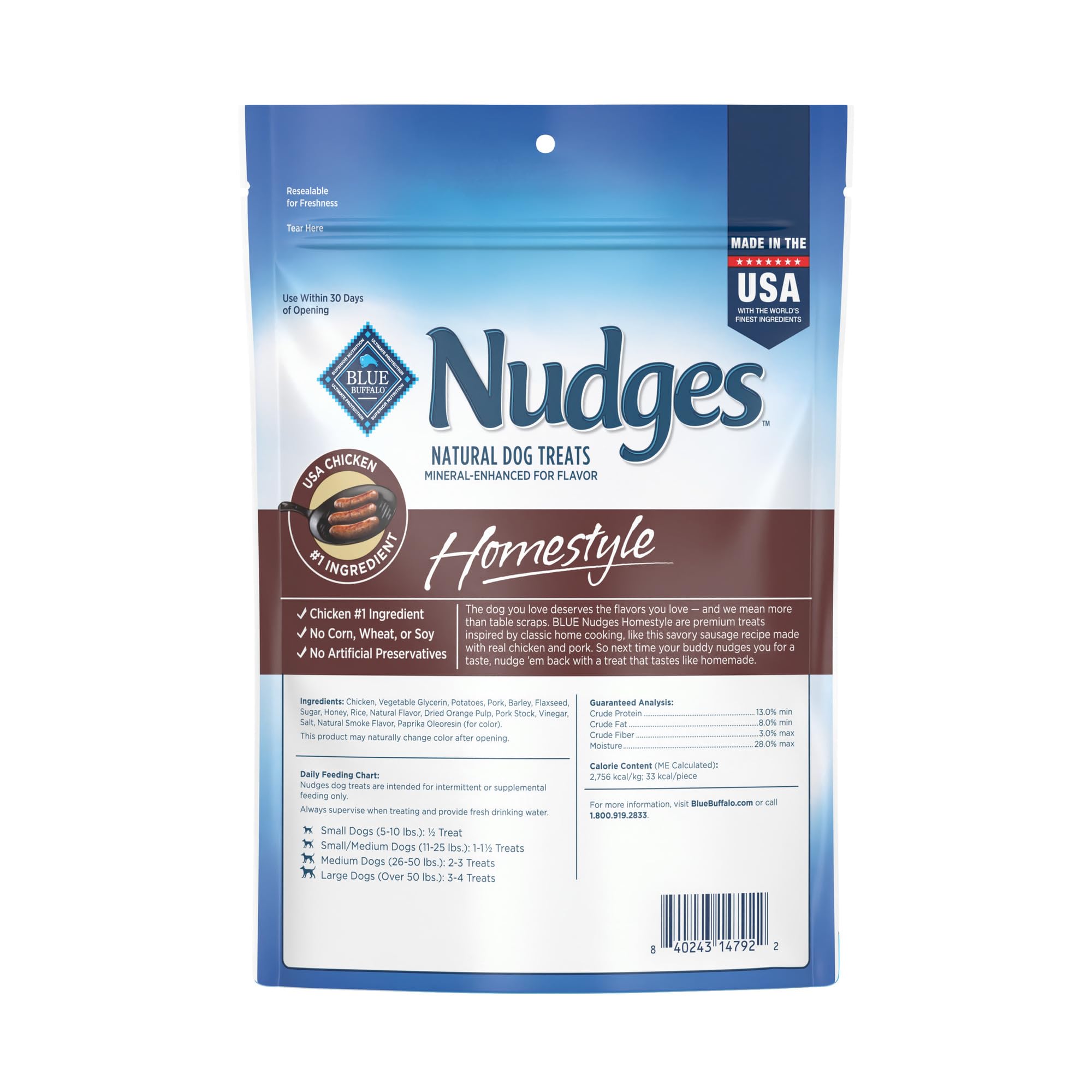 Blue Buffalo Nudges Homestyle ingredients panel emphasizes natural, no artificial flavors.