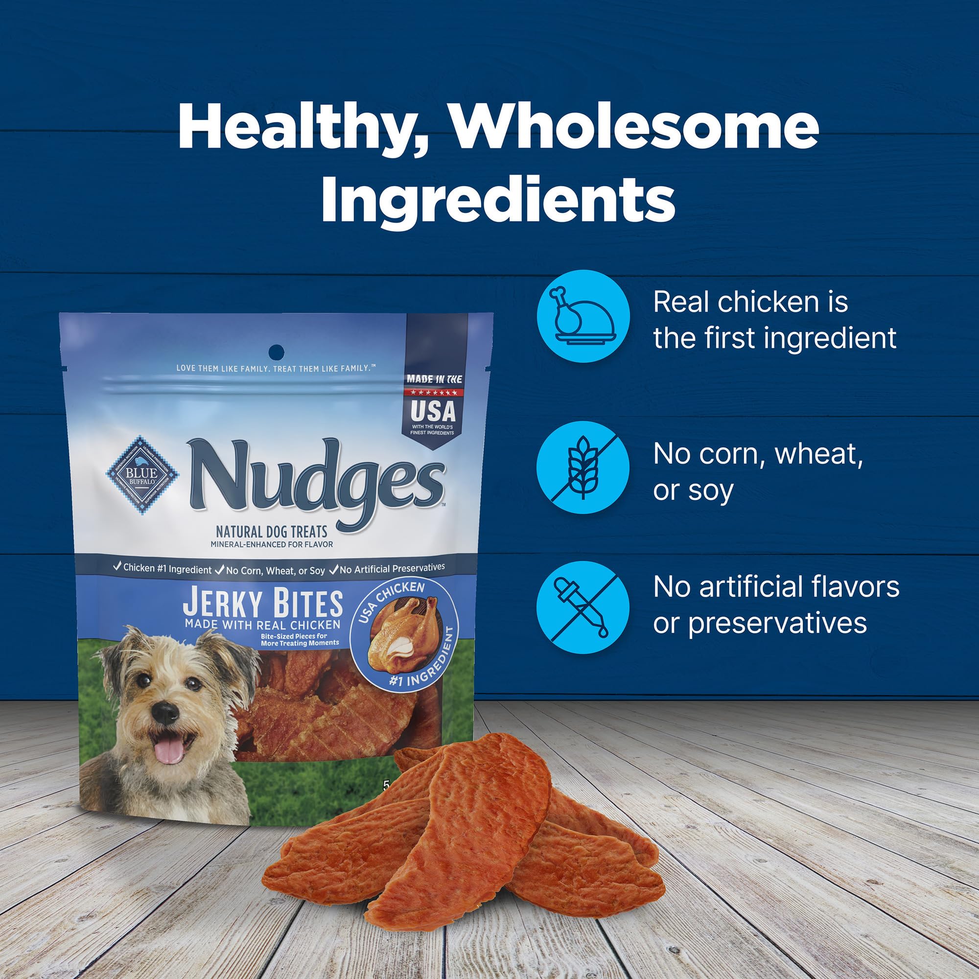 Blue Buffalo Nudges Jerky Bites 5 oz bag ready for daily treat routines.