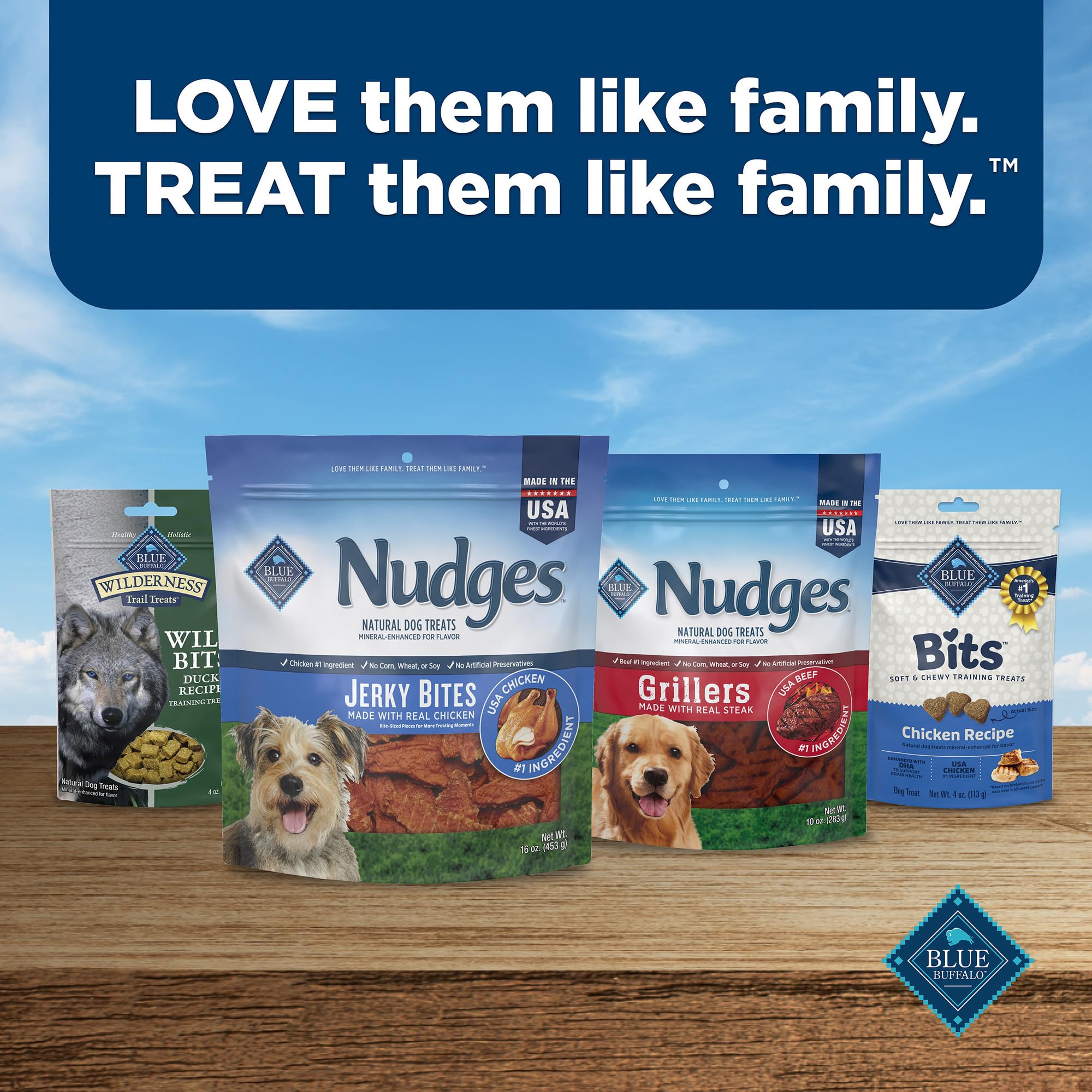 Blue Buffalo Nudges Jerky Bites savory aroma shown to entice dogs during feeding.