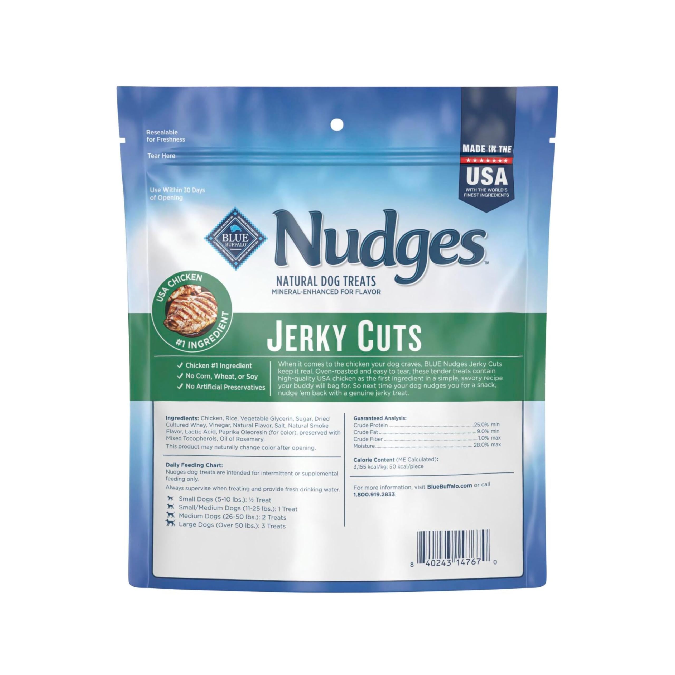 Blue Buffalo Nudges Jerky Cuts chicken closeup highlights tender texture.