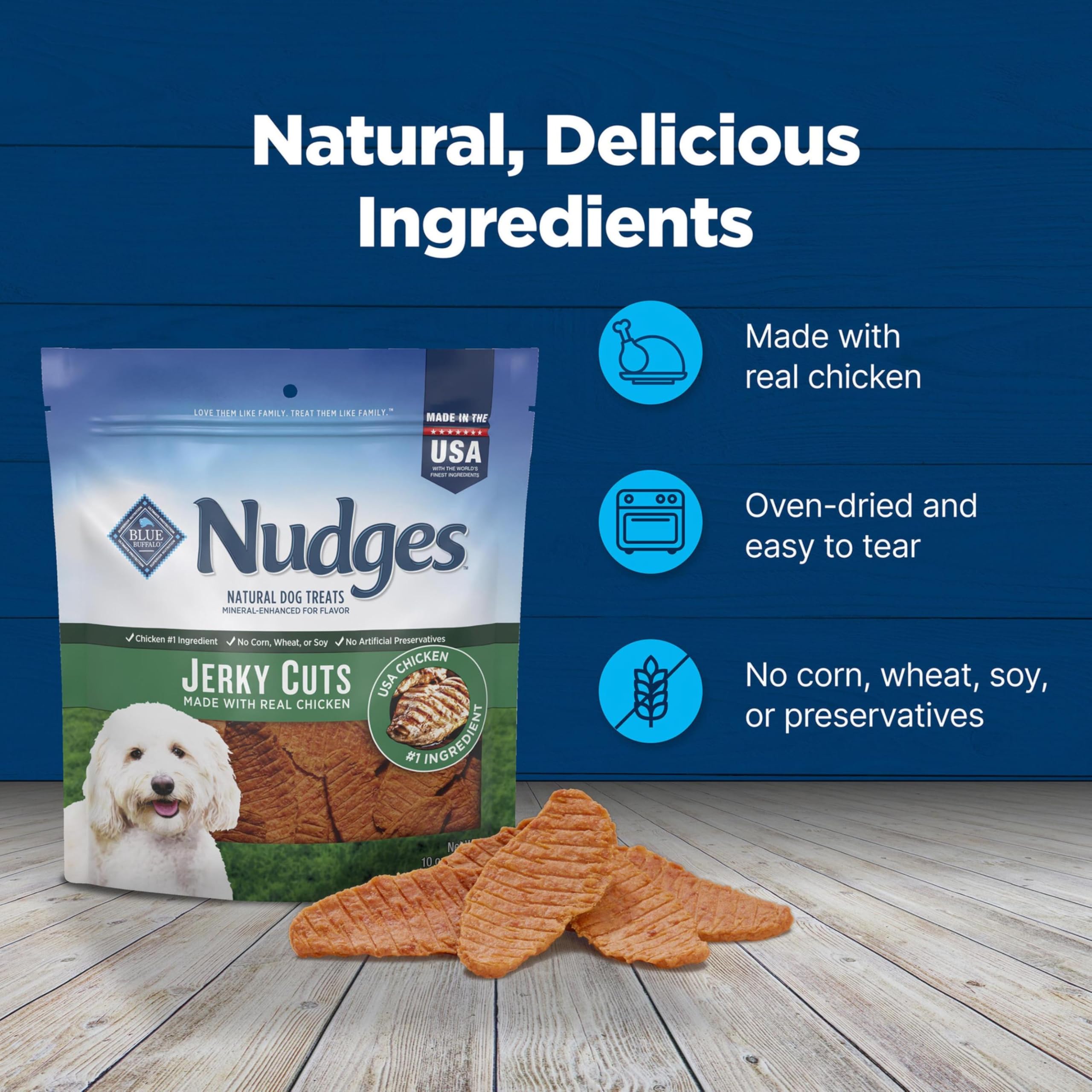 Blue Buffalo Nudges Jerky Cuts dog treat serving for rewards.