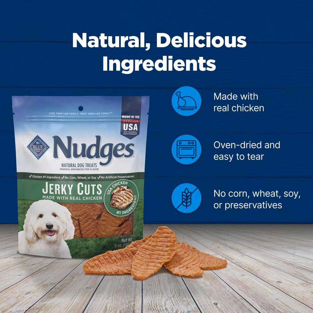 Blue Buffalo Nudges Jerky Cuts USA chicken option with no by-product meals.