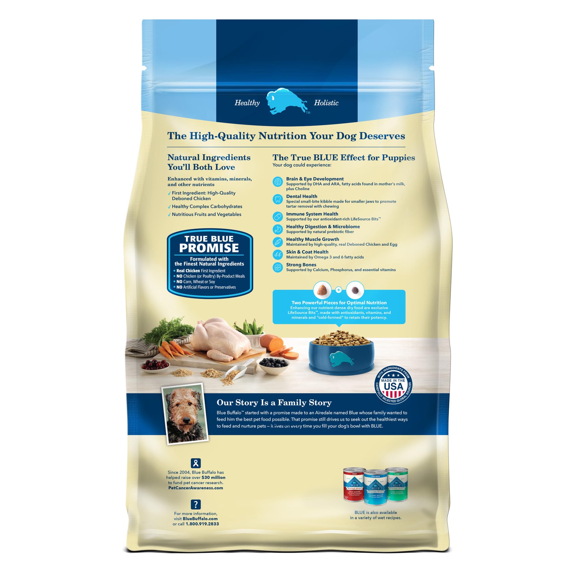 Blue Buffalo puppy ingredients close-up highlighting natural components and DHA-ARA for cognitive support.