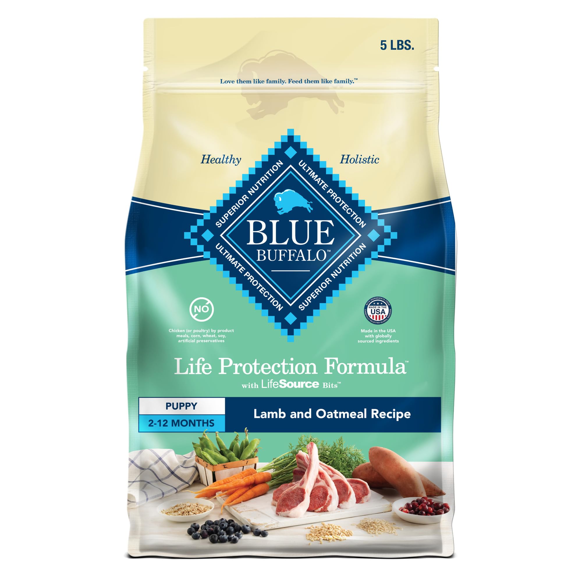 Blue Buffalo puppy dry food with lamb first ingredient supports growing puppies.