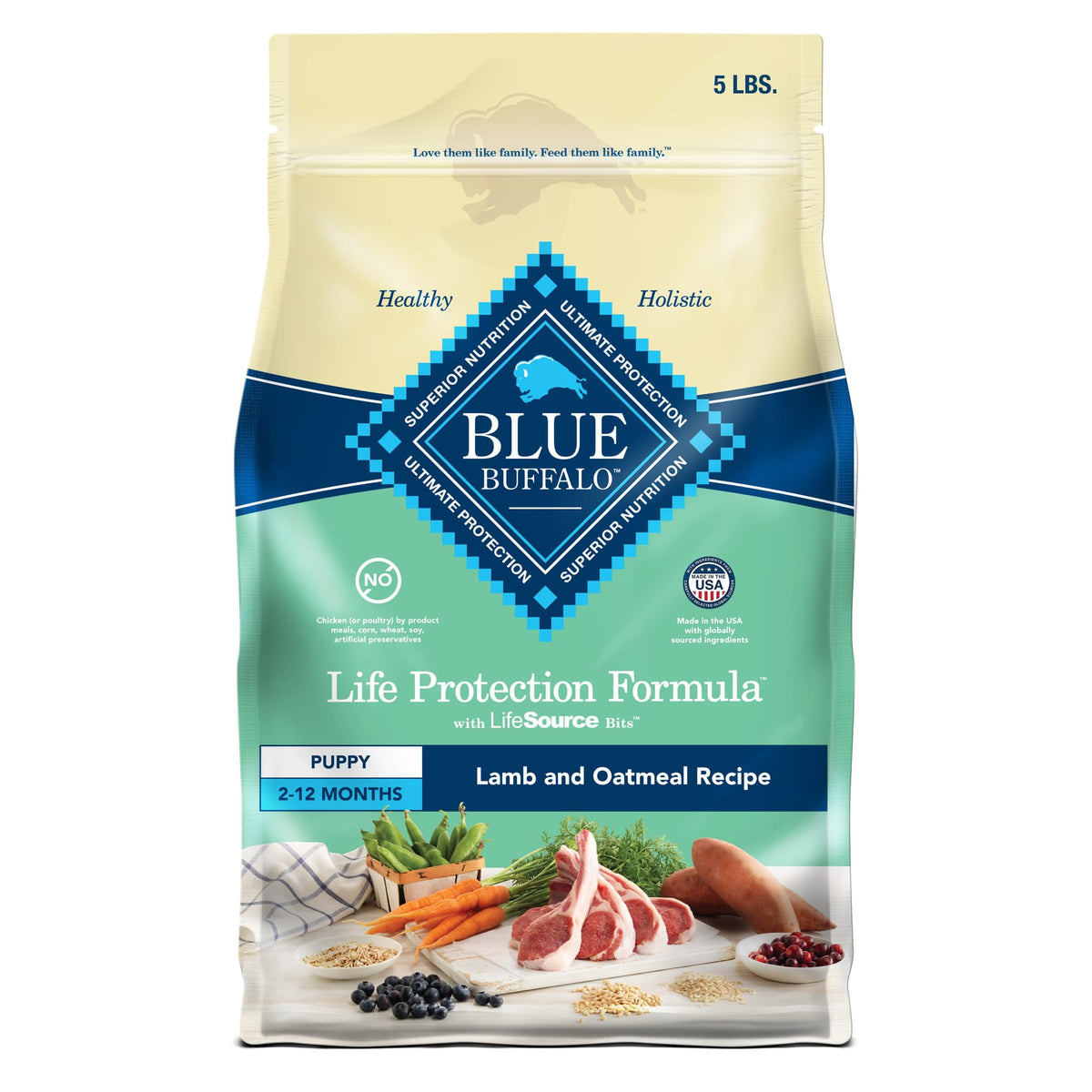 Blue Buffalo puppy dry food with lamb first ingredient supports growing puppies.