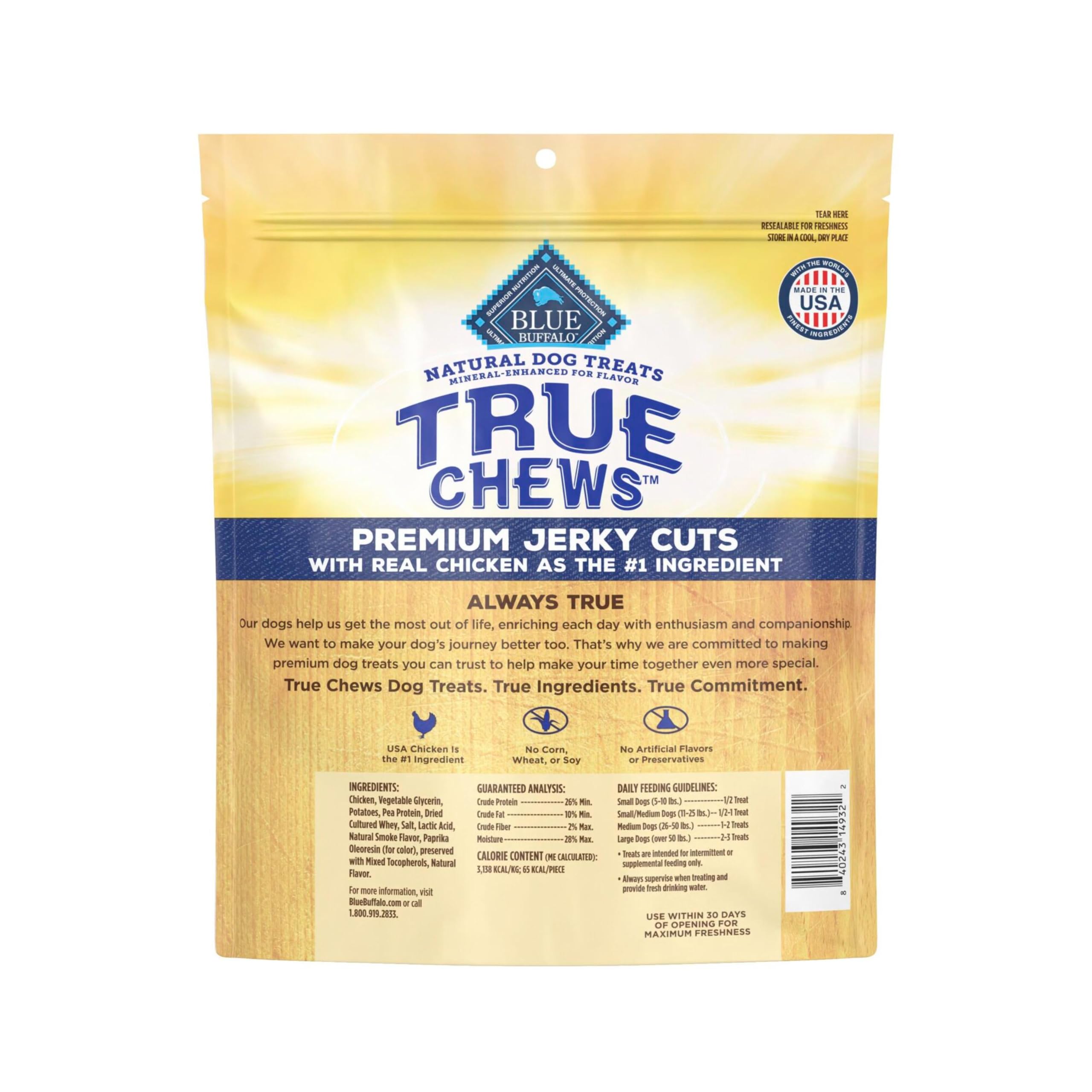 Blue Buffalo True Chews image highlights real chicken first for authentic flavor.