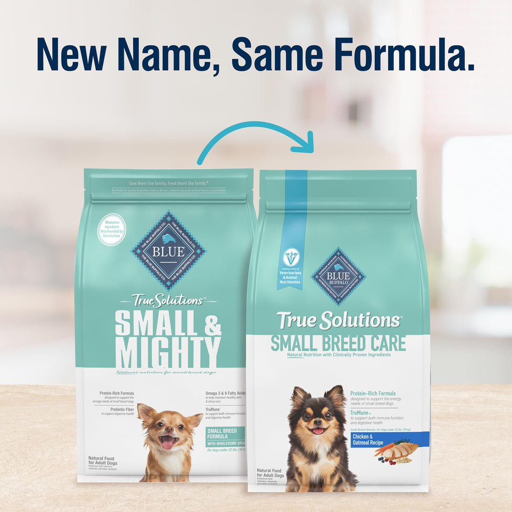 Blue Buffalo small-breed kibble close-up highlights real chicken flavor.