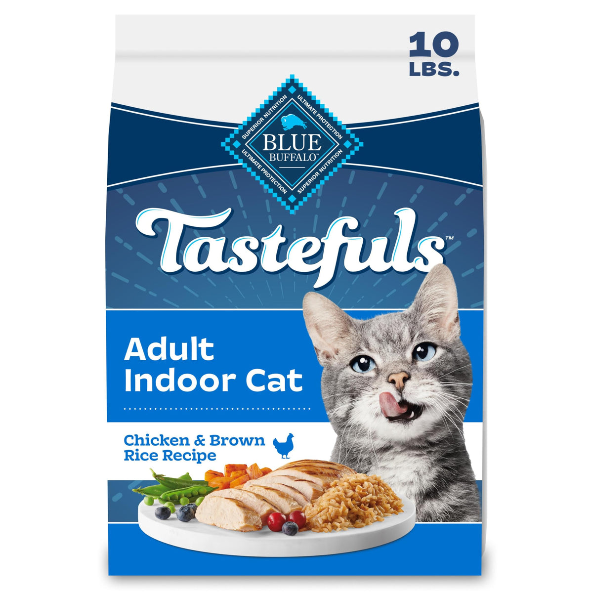 Blue Buffalo Tastefuls 10lb bag for indoor cats supports daily feeding.