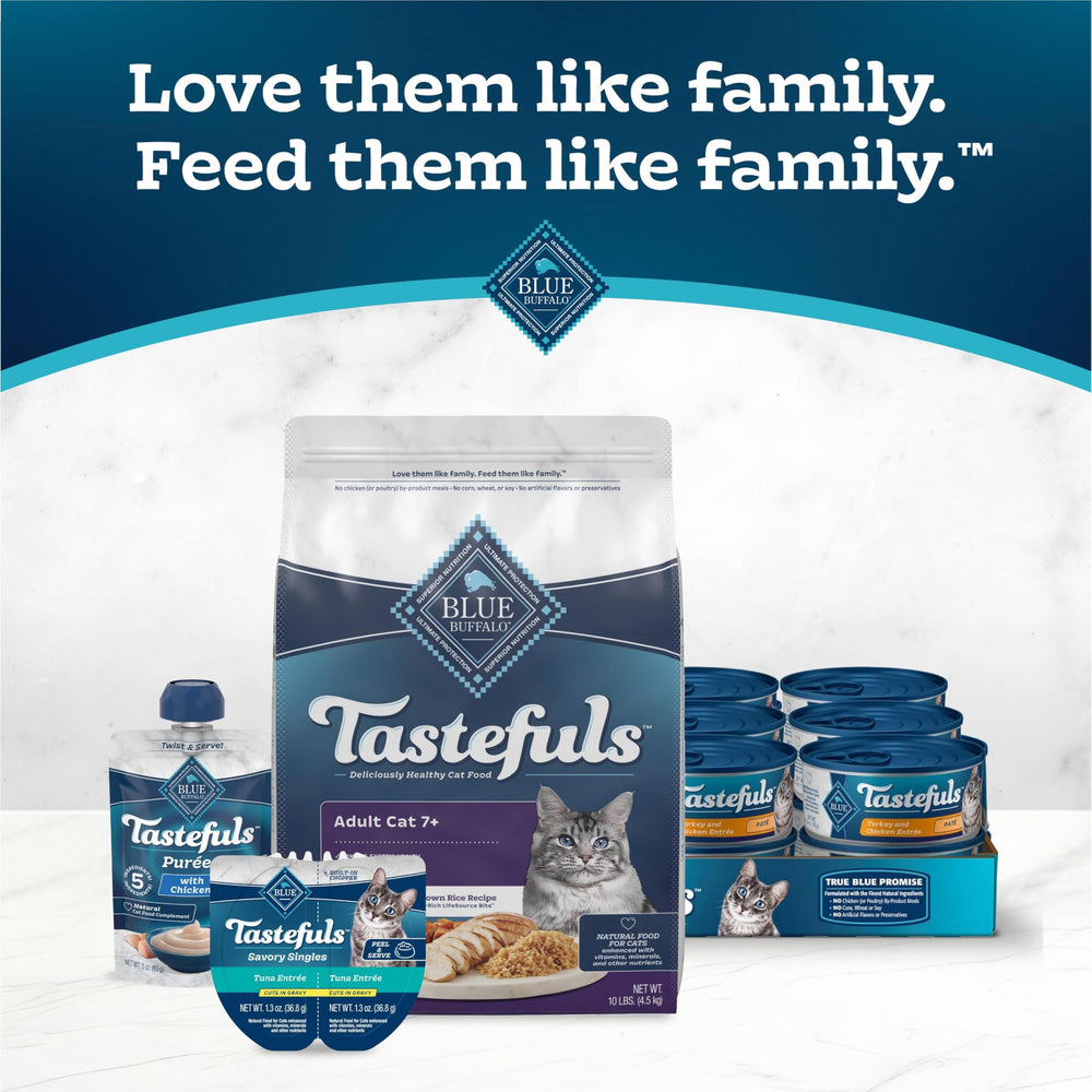 Blue Buffalo Tastefuls 10 lb bag on kitchen counter.