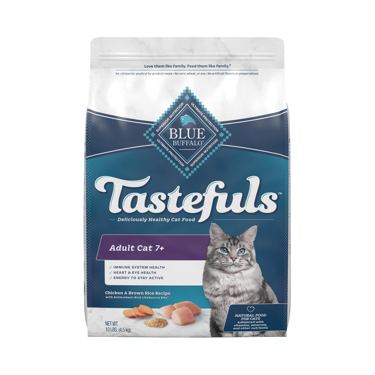 Blue Buffalo Tastefuls 7+ bag front label shows real chicken as first ingredient.