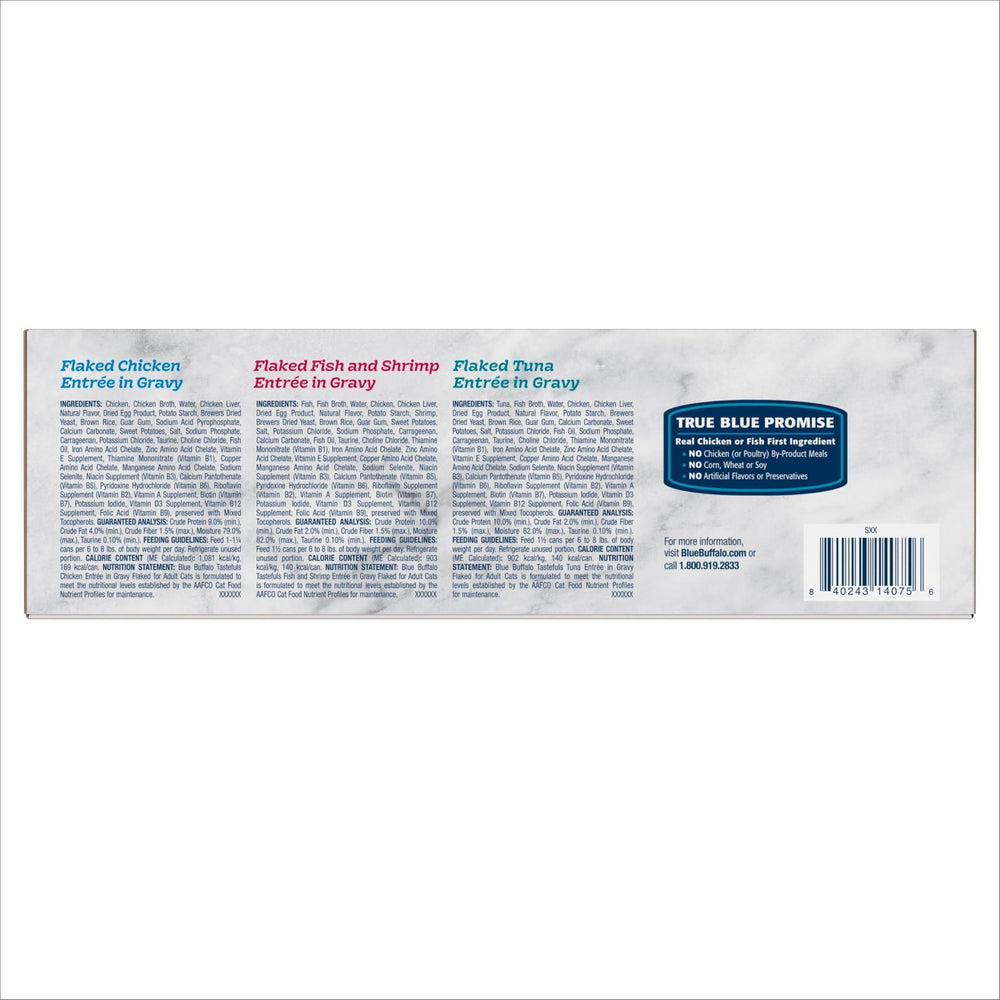 Blue Buffalo Tastefuls chicken flaked entrée in gravy delivers savory texture for felines.
