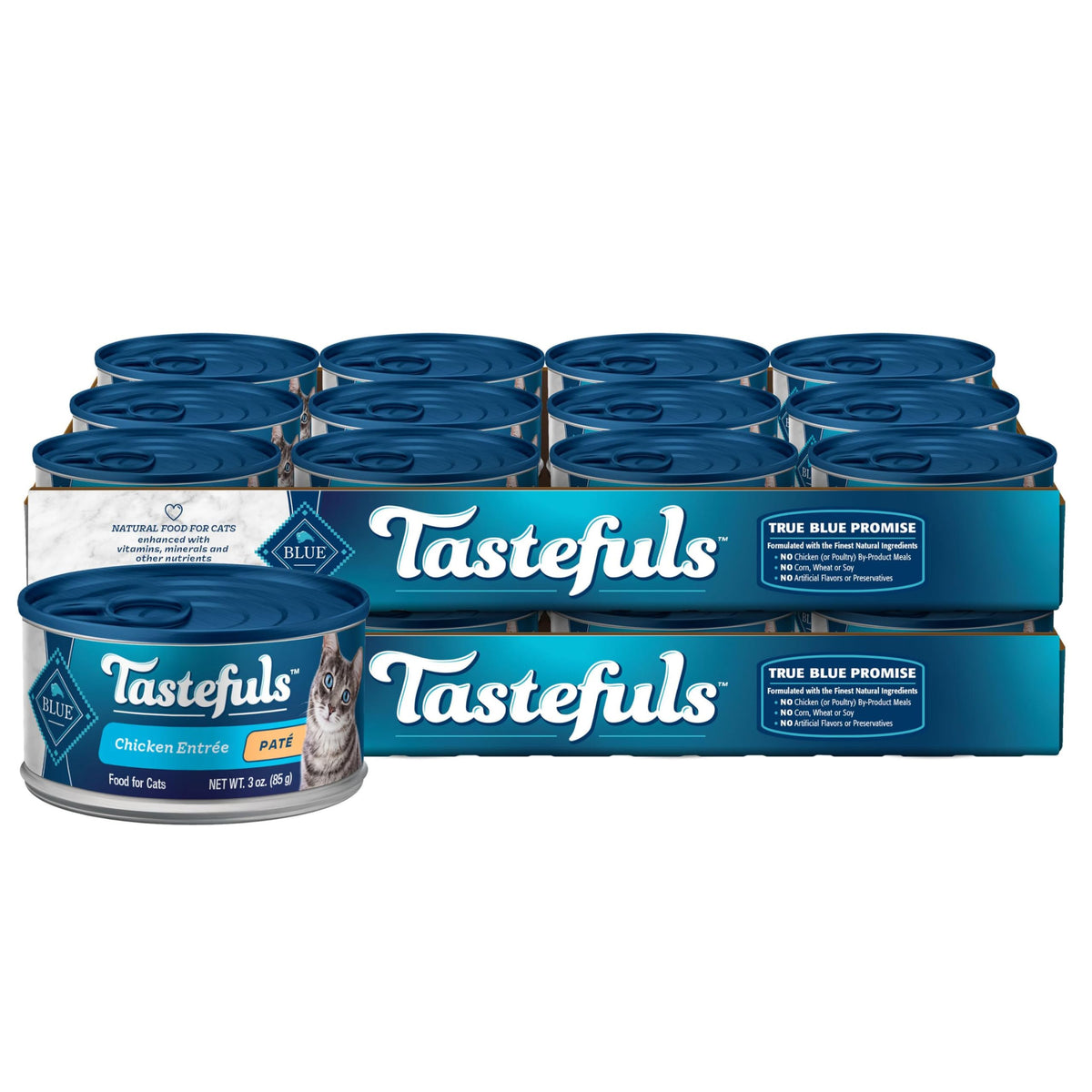 Blue Buffalo Tastefuls chicken pate can pack; convenient 24-pack for steady cat meals.